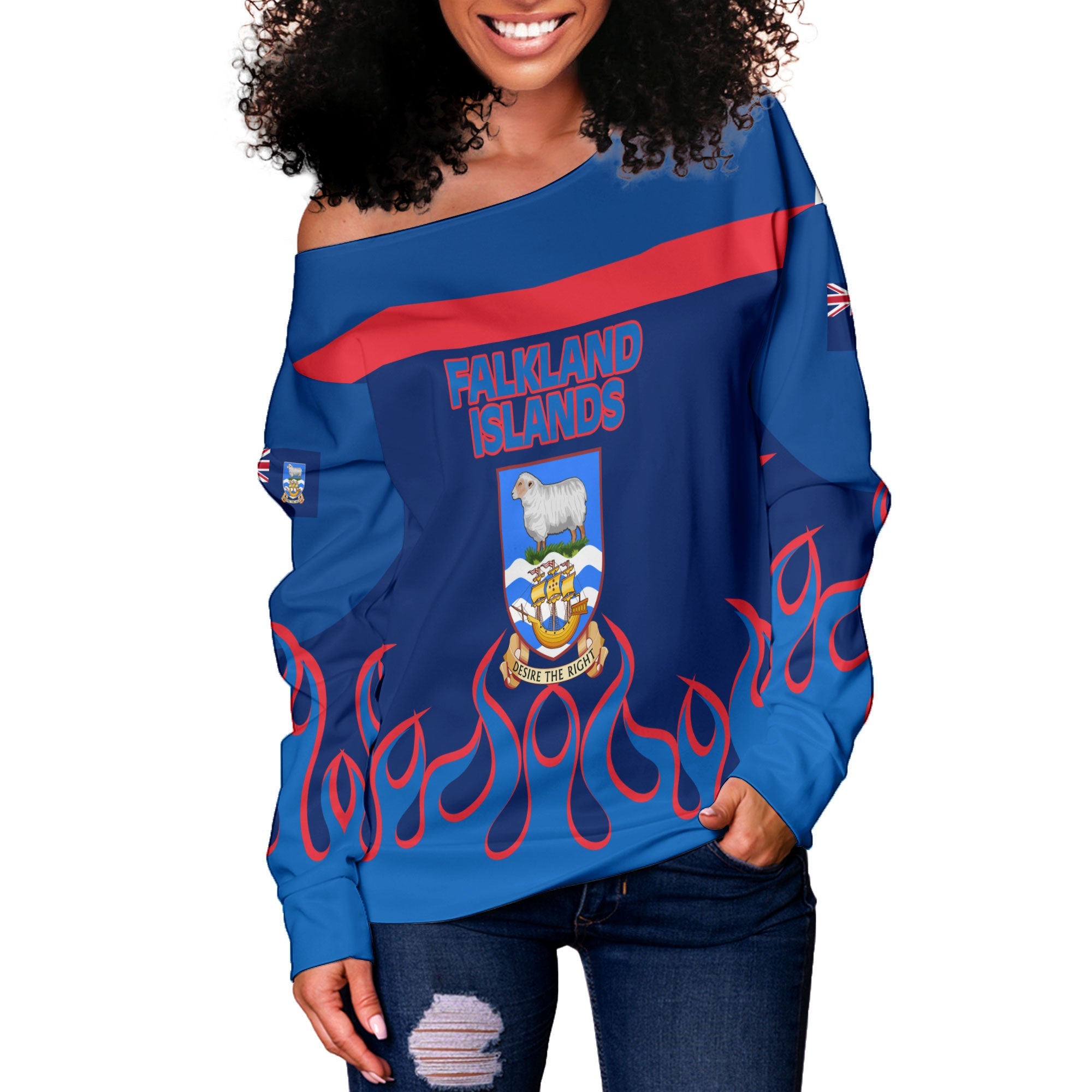 Falkland Islands Women Off Shoulder Sweatshirt Flag & Coat Of Arms Fire Hockey Style