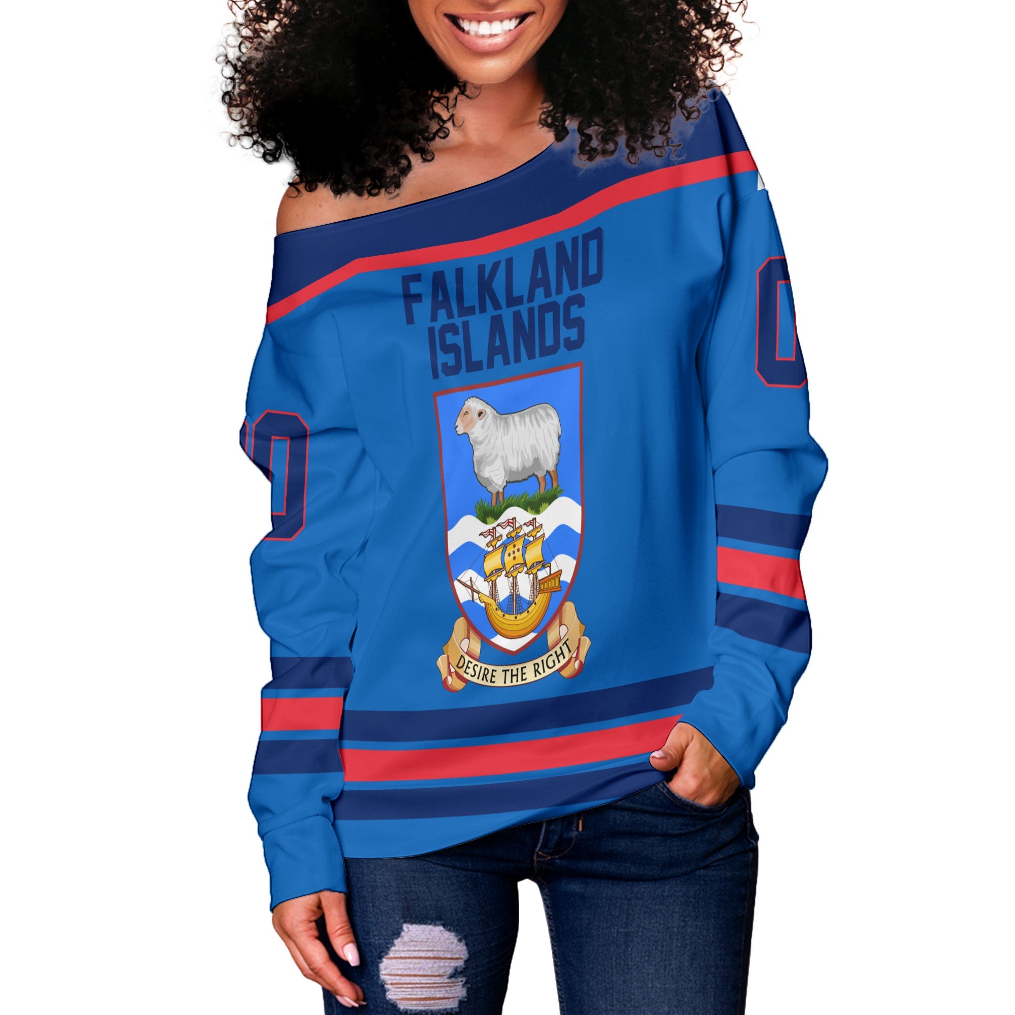 Falkland Islands Women Off Shoulder Sweatshirt Flag & Coat Of Arms Hockey Style