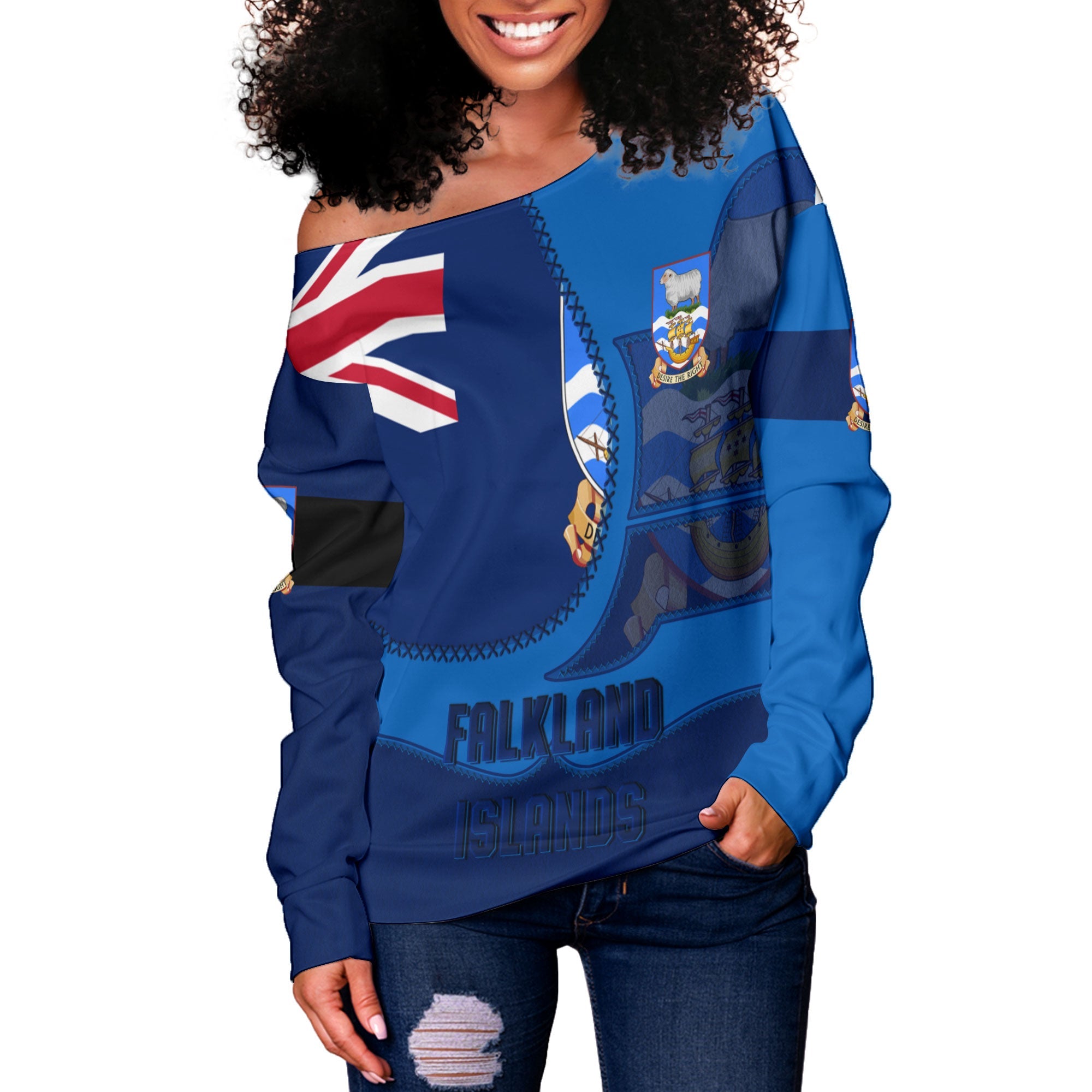 Falkland Islands Women Off Shoulder Sweatshirt Flag & Coat Of Arms Leather Style