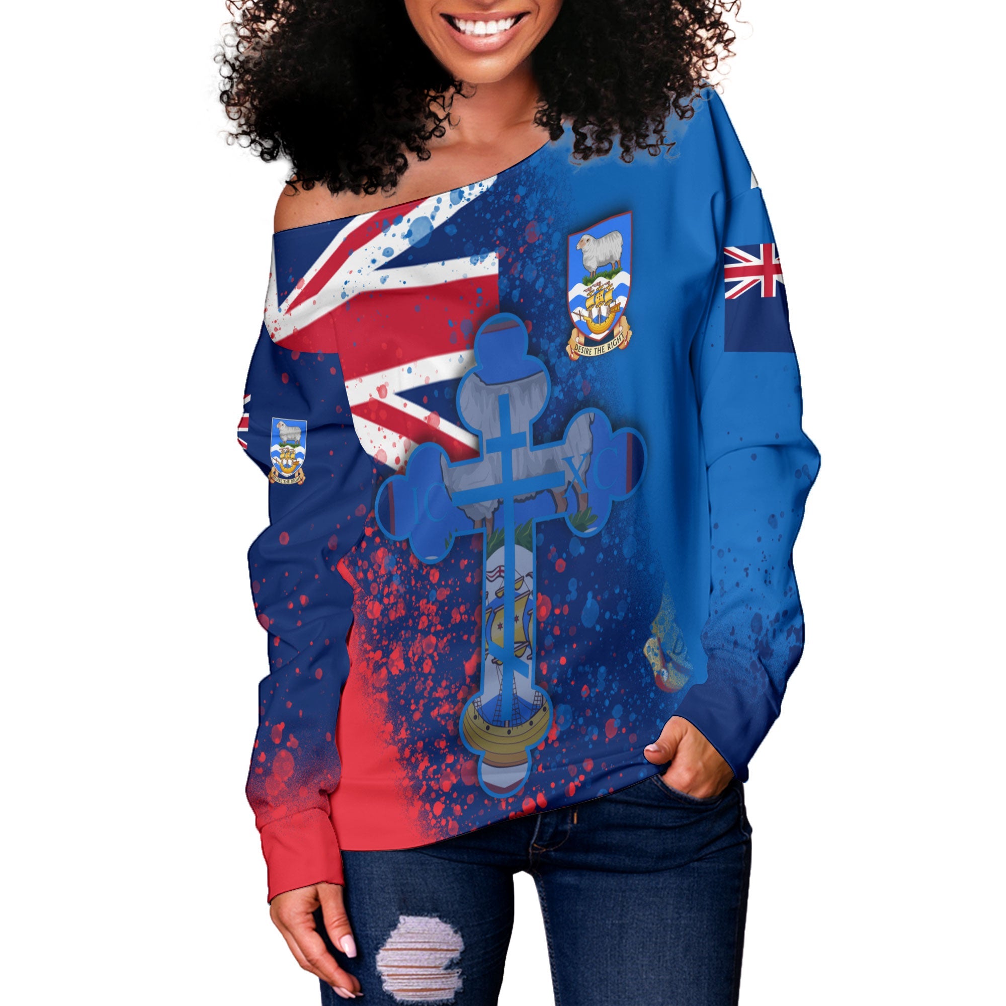 Falkland Islands Women Off Shoulder Sweatshirt Flag & Coat Of Arms Orthodox Style