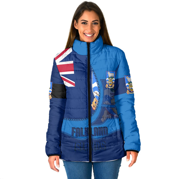 Falkland Islands Women Padded Jacket Flag & Coat Of Arms Leather Style