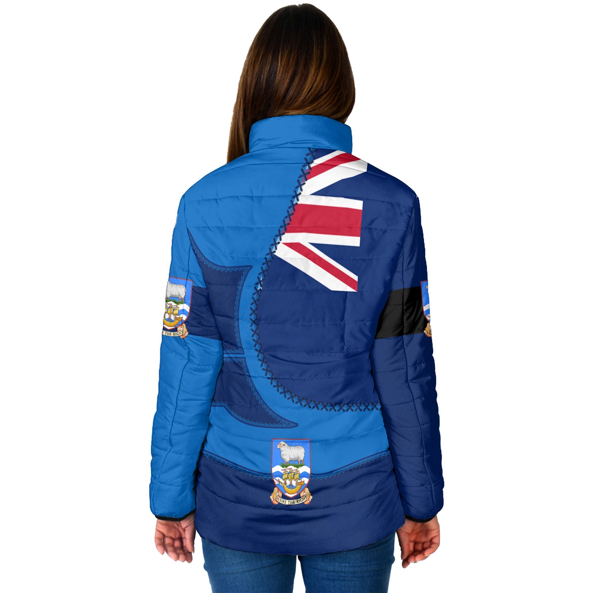 Falkland Islands Women Padded Jacket Flag & Coat Of Arms Leather Style