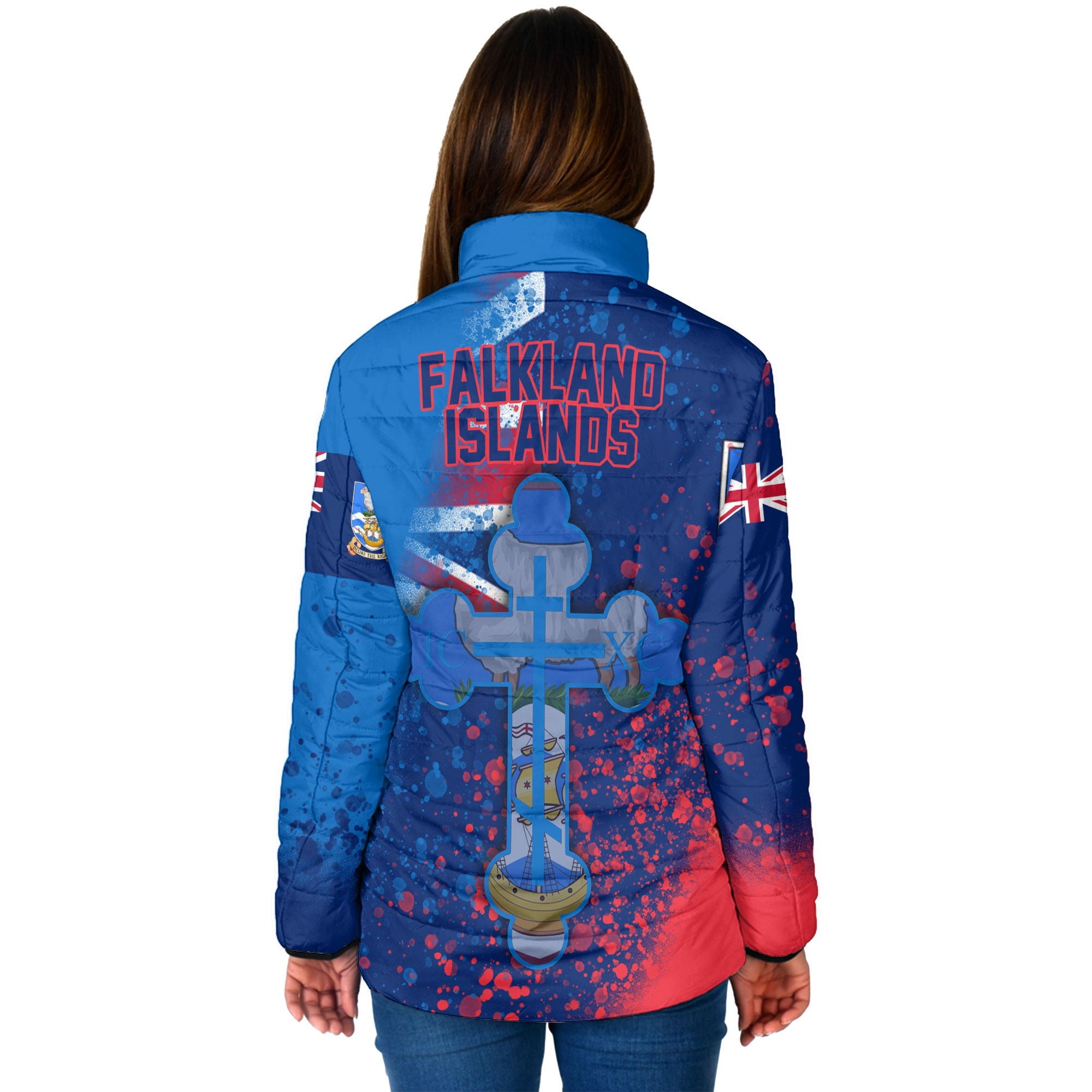 Falkland Islands Women Padded Jacket Flag & Coat Of Arms Orthodox Style