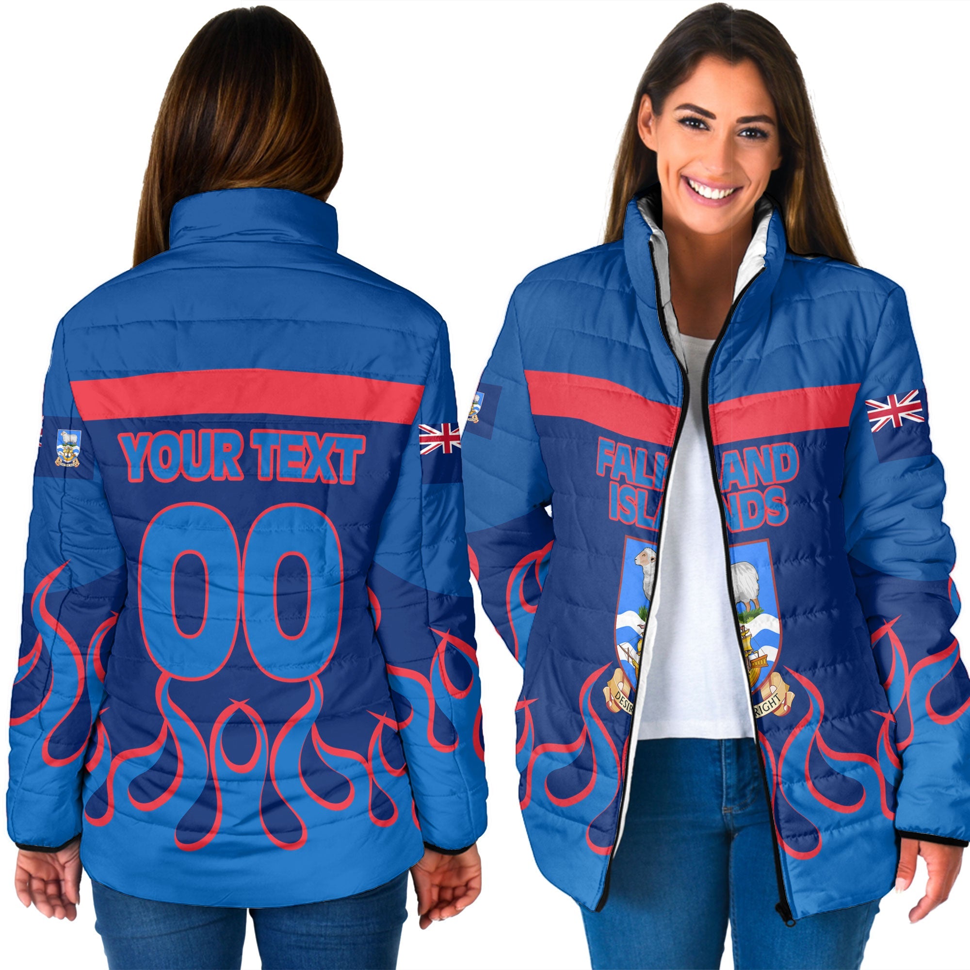 Falkland Islands Women Padded Jacket Flag & Coat Of Arms Fire Hockey Style