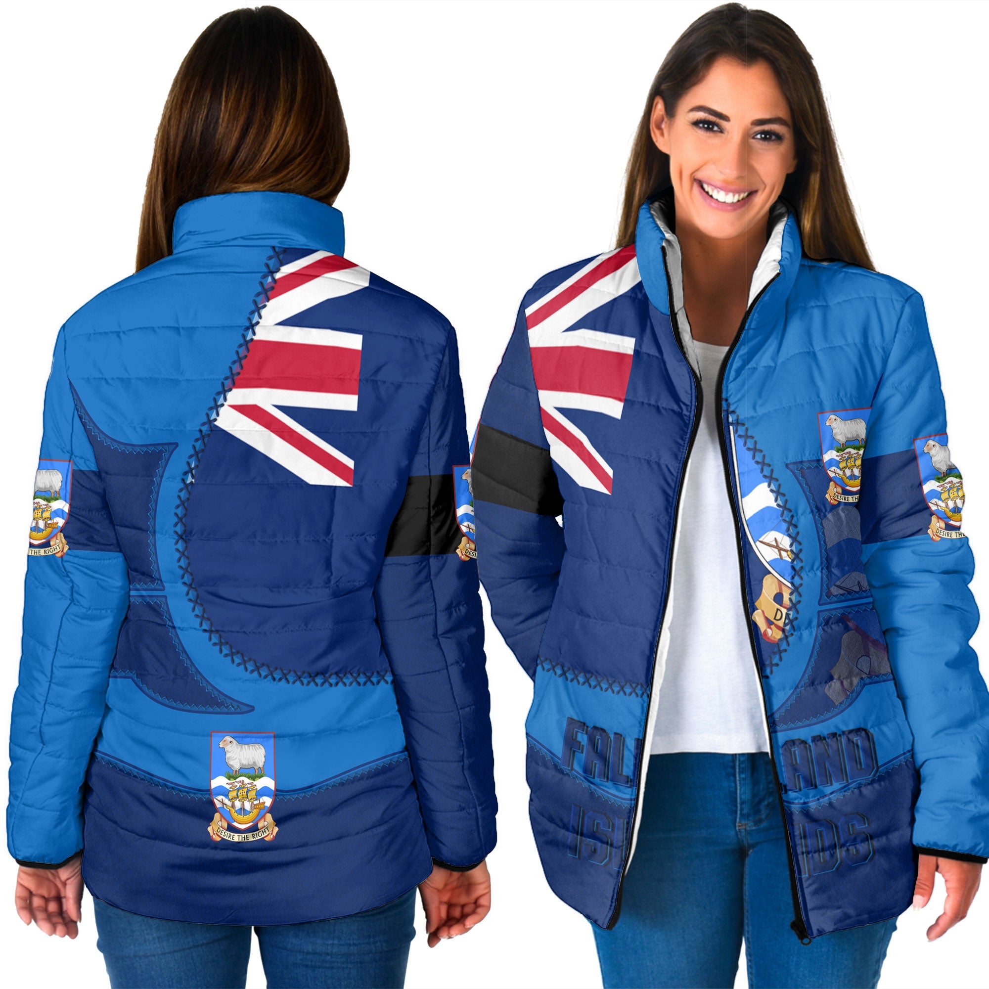 Falkland Islands Women Padded Jacket Flag & Coat Of Arms Leather Style