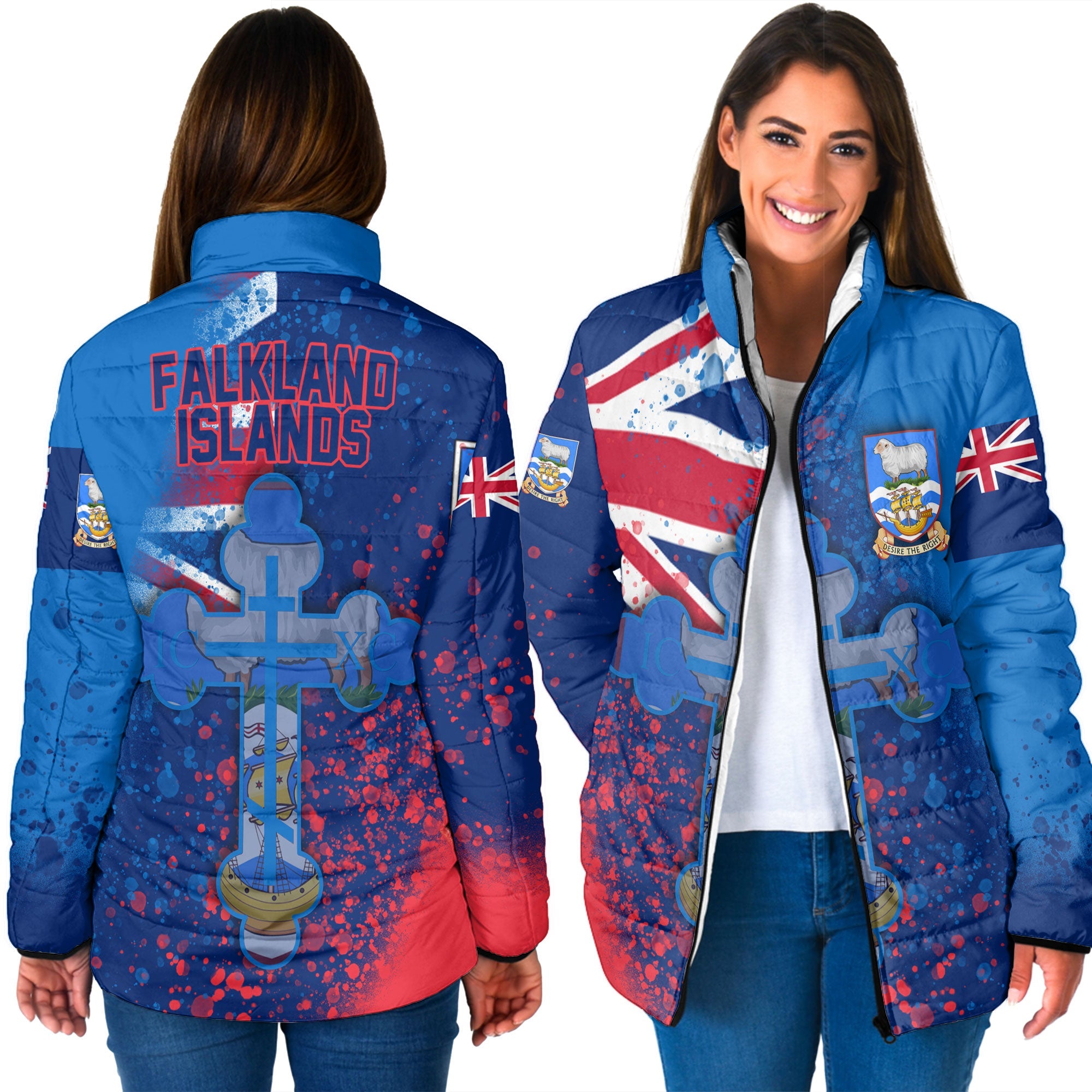 Falkland Islands Women Padded Jacket Flag & Coat Of Arms Orthodox Style