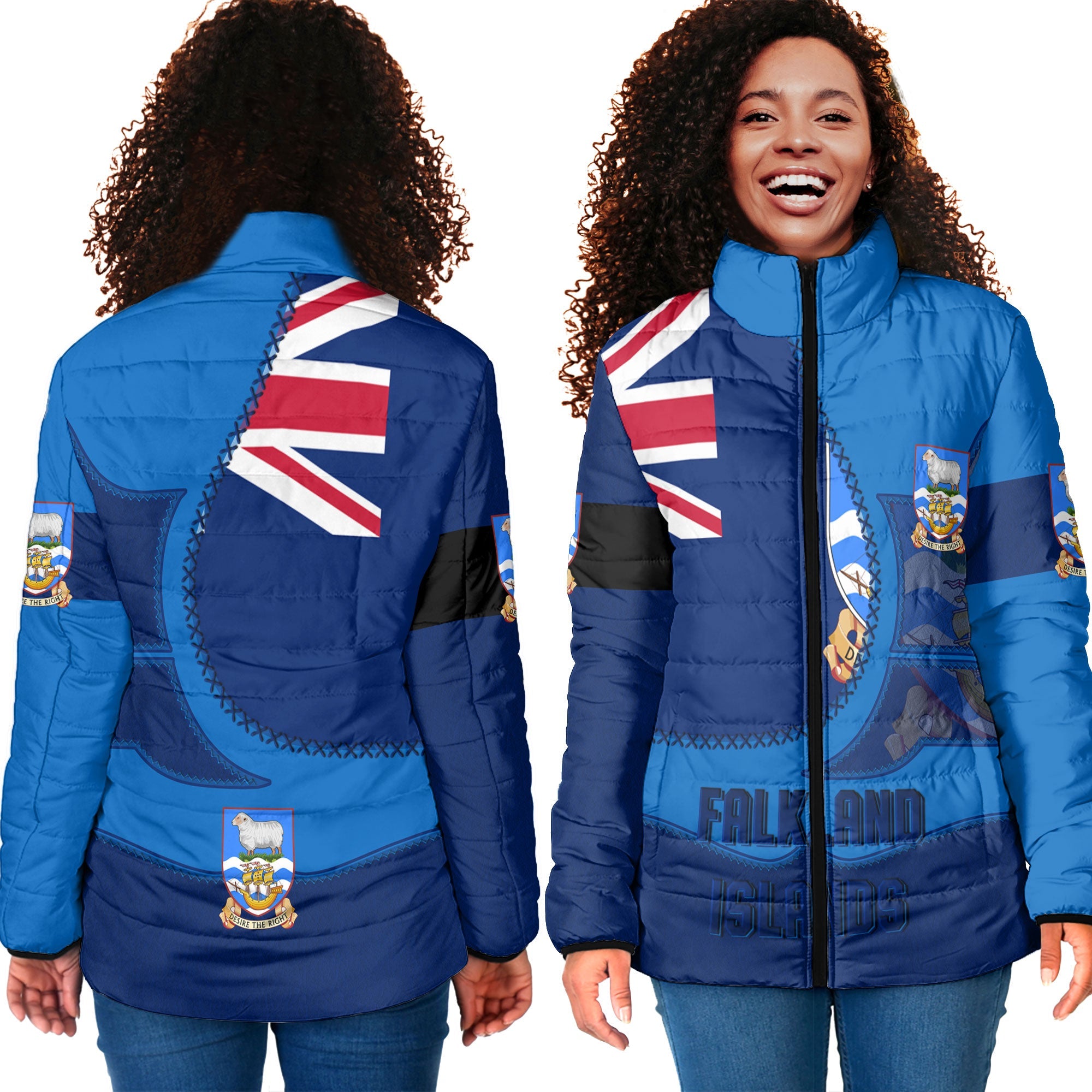 Falkland Islands Women Padded Jacket Flag & Coat Of Arms Leather Style