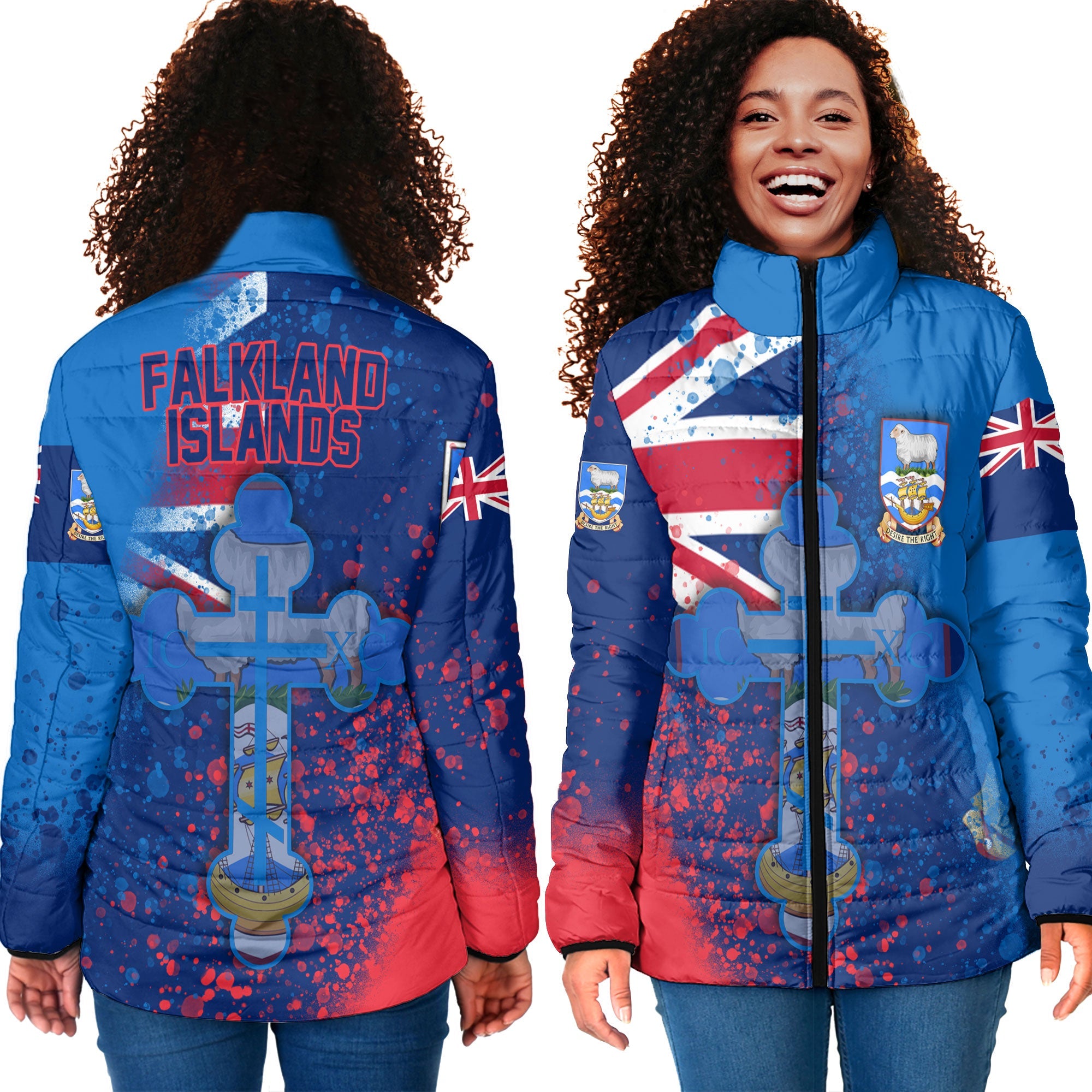 Falkland Islands Women Padded Jacket Flag & Coat Of Arms Orthodox Style