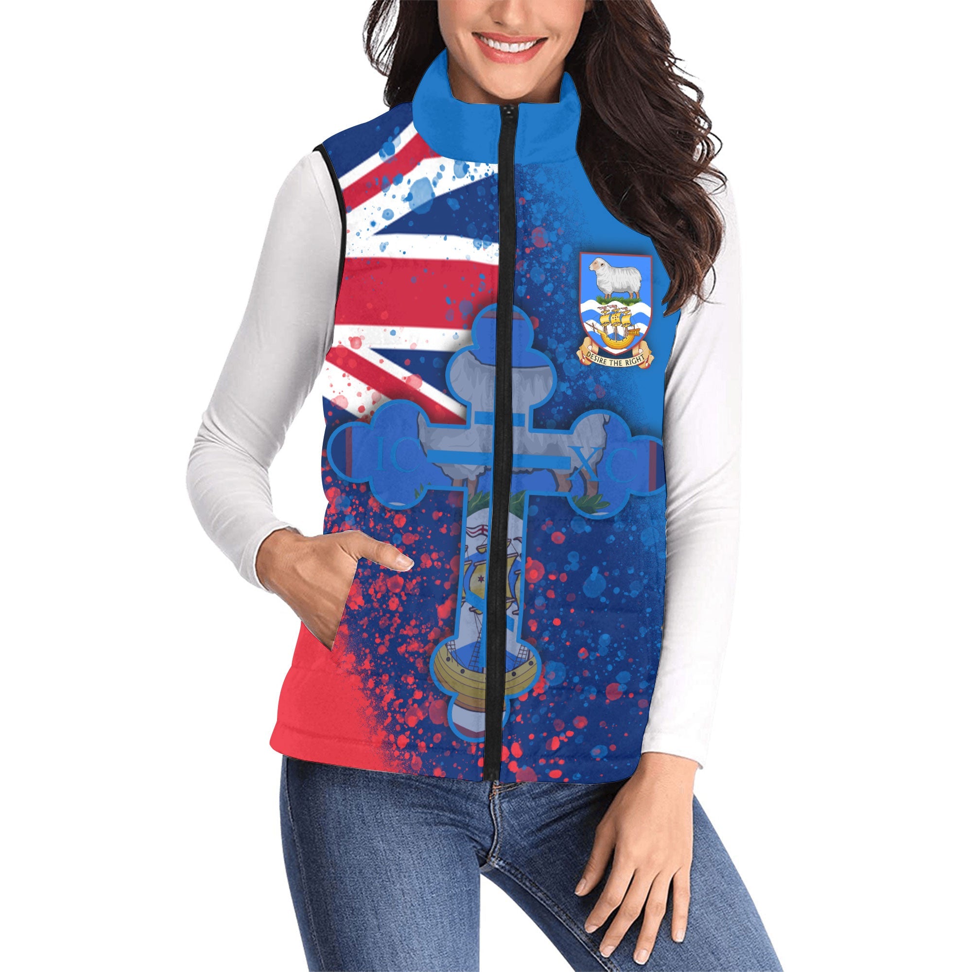 Falkland Islands Women Padded Jacket Vest Flag & Coat Of Arms Orthodox Style