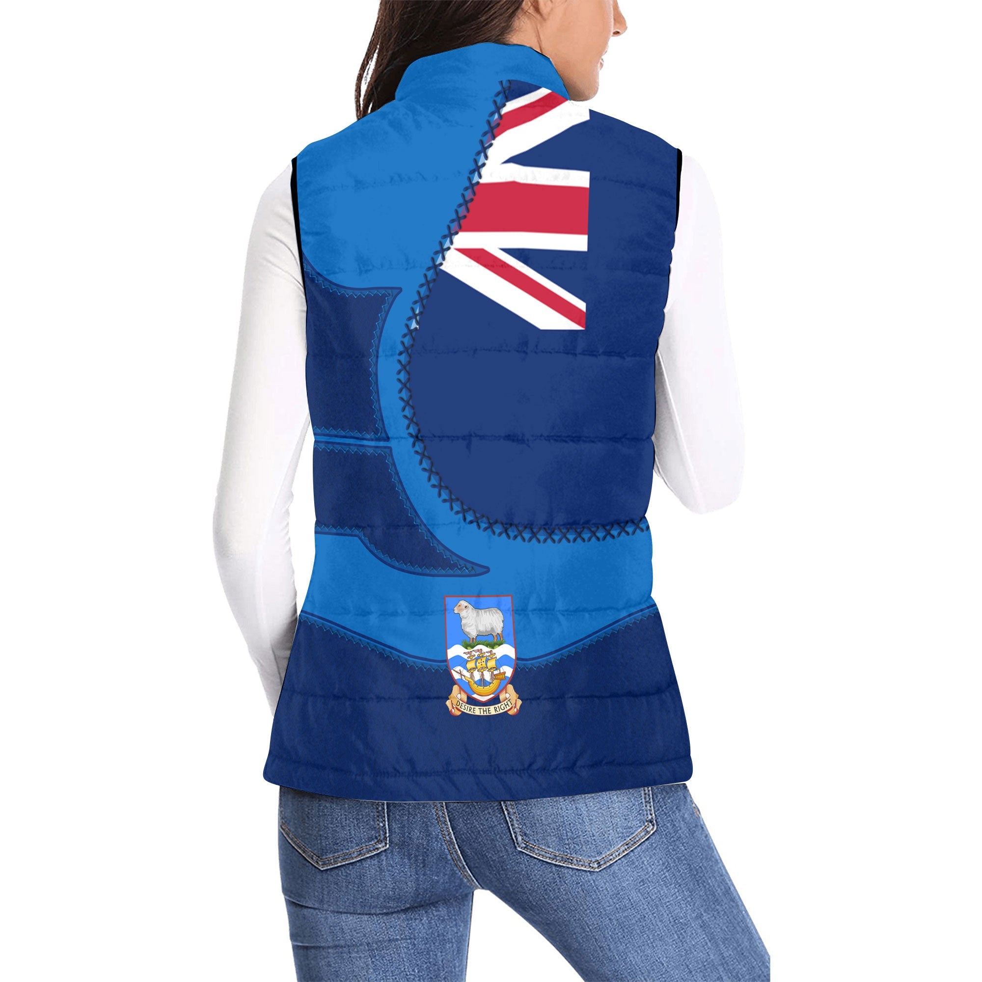 Falkland Islands Women Padded Jacket Vest Flag & Coat Of Arms Leather Style