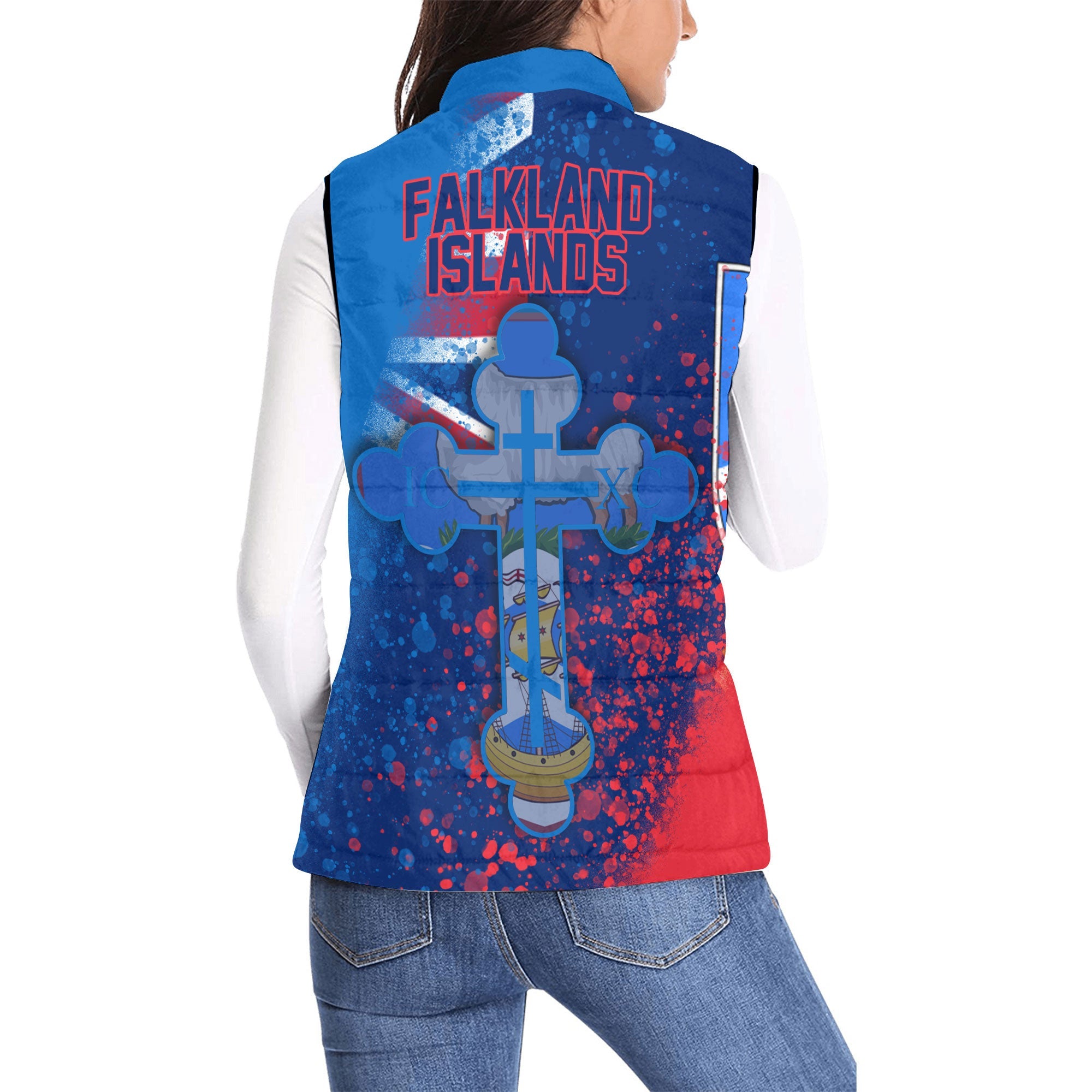 Falkland Islands Women Padded Jacket Vest Flag & Coat Of Arms Orthodox Style