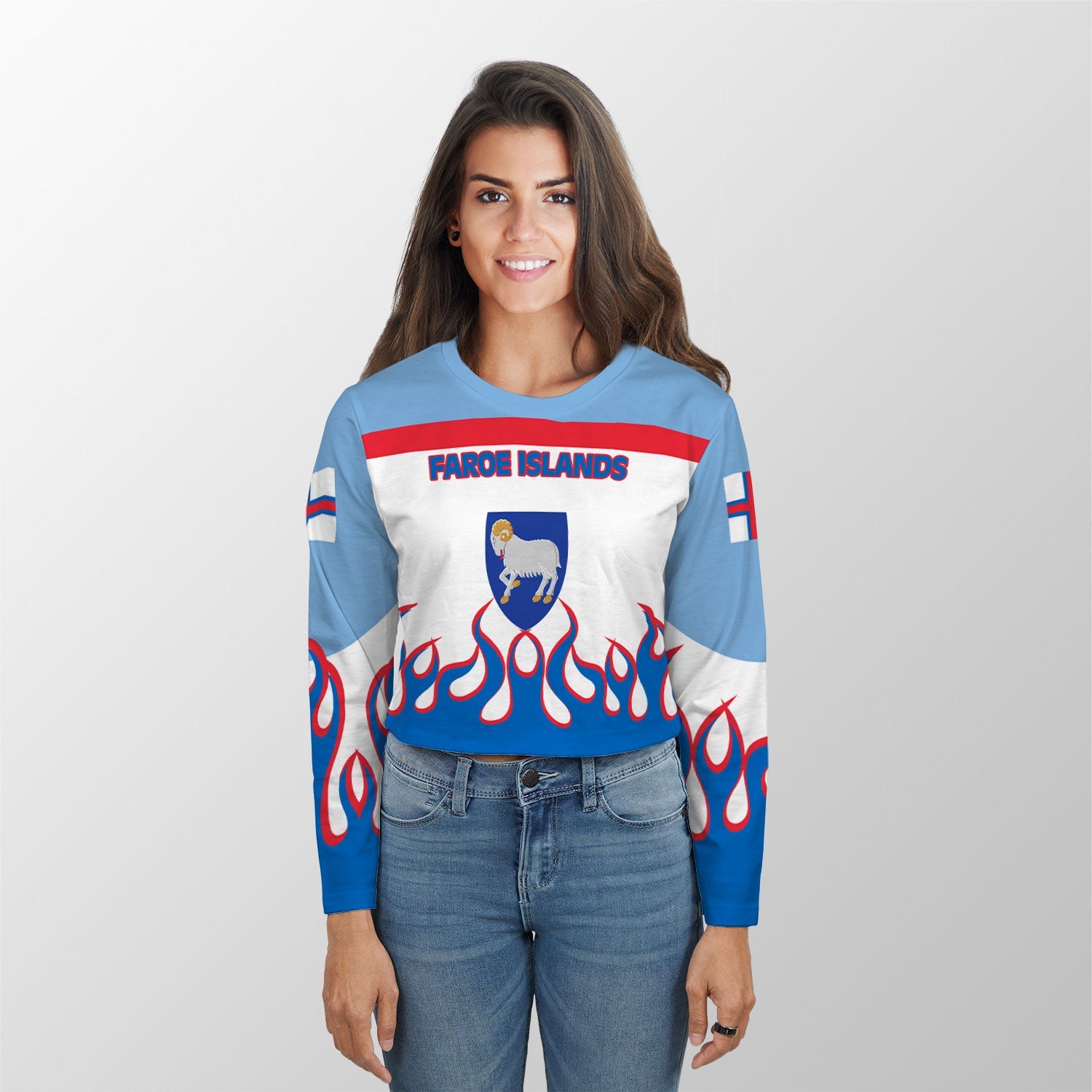 Faroe Islands Crop Top Long TShirt Flag & Coat Of Arms Fire Hockey Style