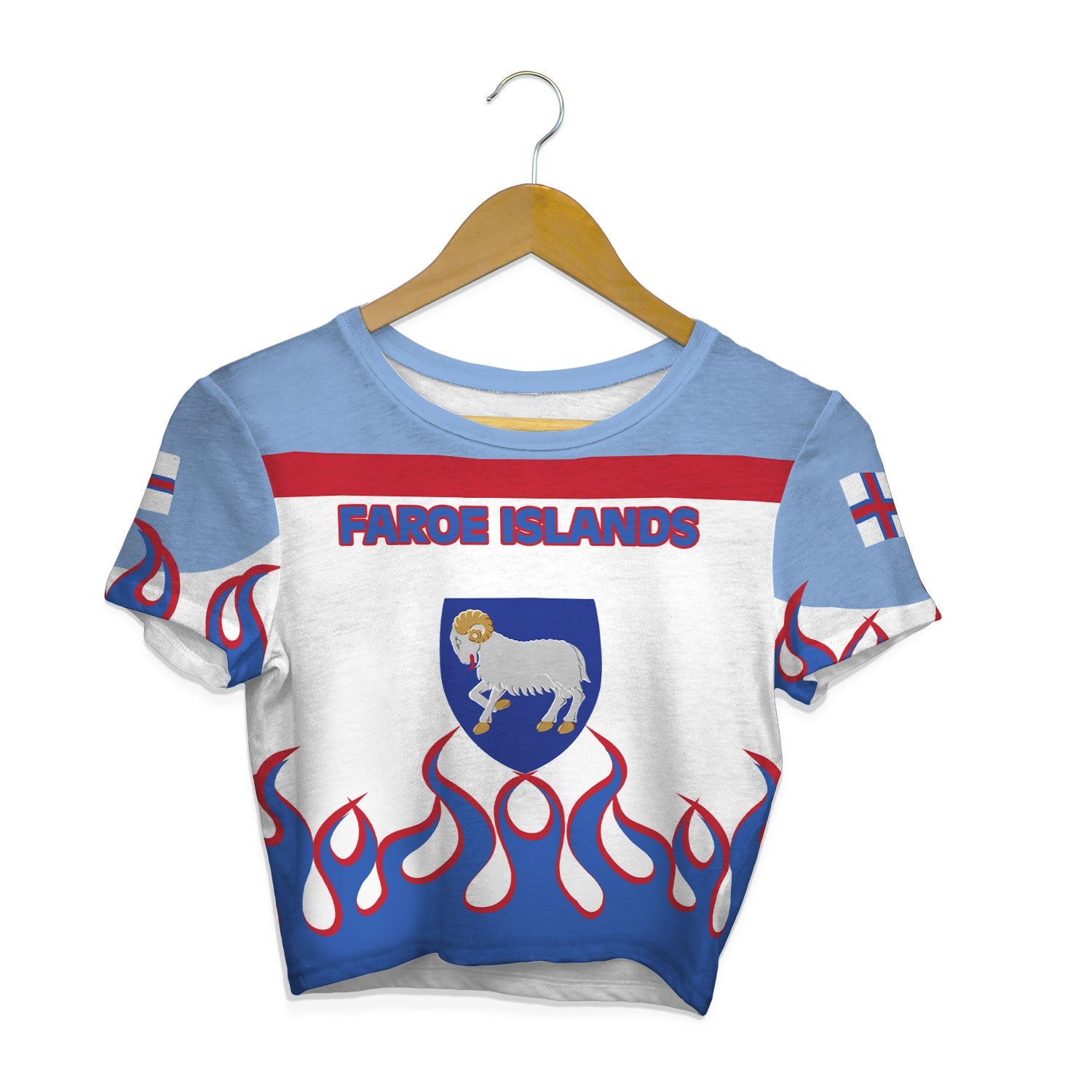 Faroe Islands Crop Top T Shirt Flag & Coat Of Arms Fire Hockey Style