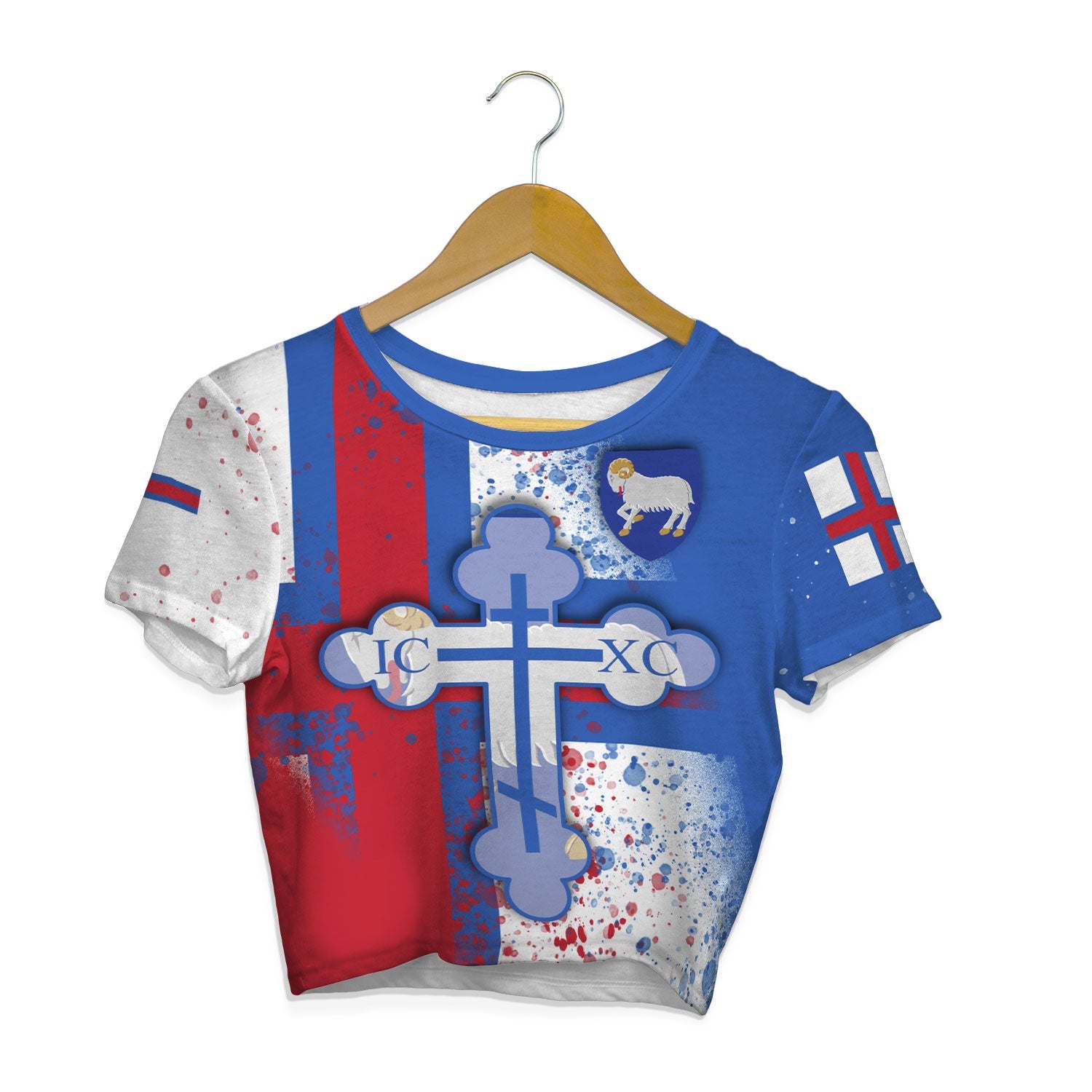 Faroe Islands Crop Top T Shirt Flag & Coat Of Arms Orthodox Style