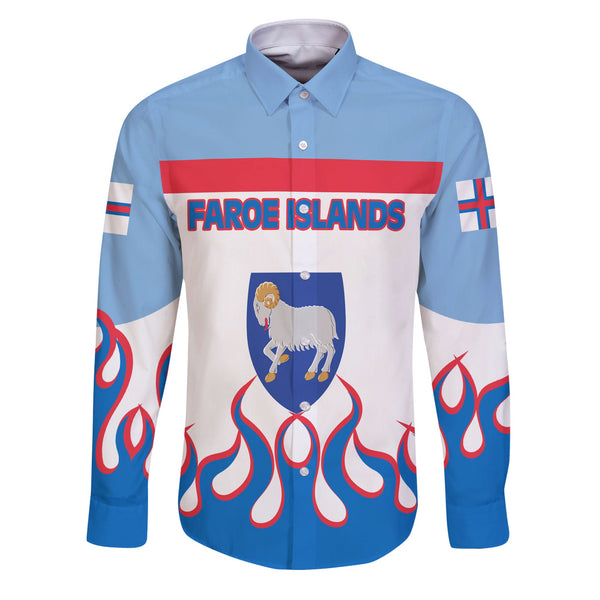 Faroe Islands Long Sleeve Button Shirt Flag & Coat Of Arms Fire Hockey Style