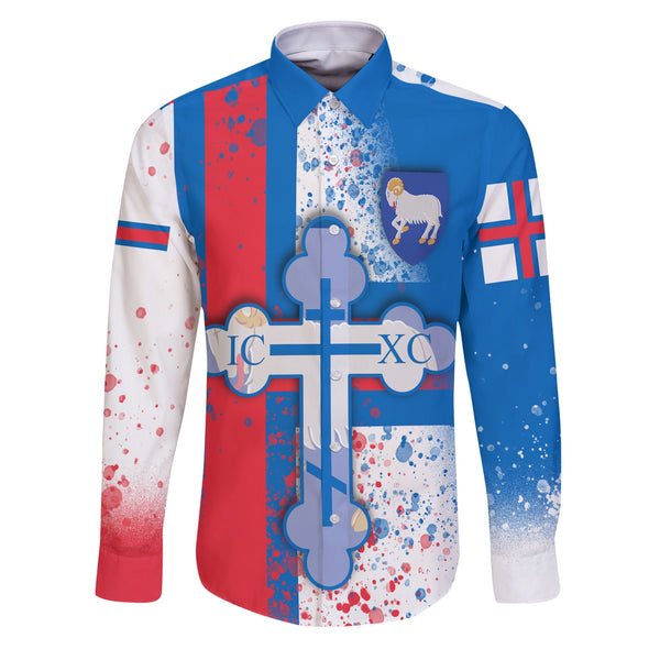 Faroe Islands Long Sleeve Button Shirt Flag & Coat Of Arms Orthodox Style