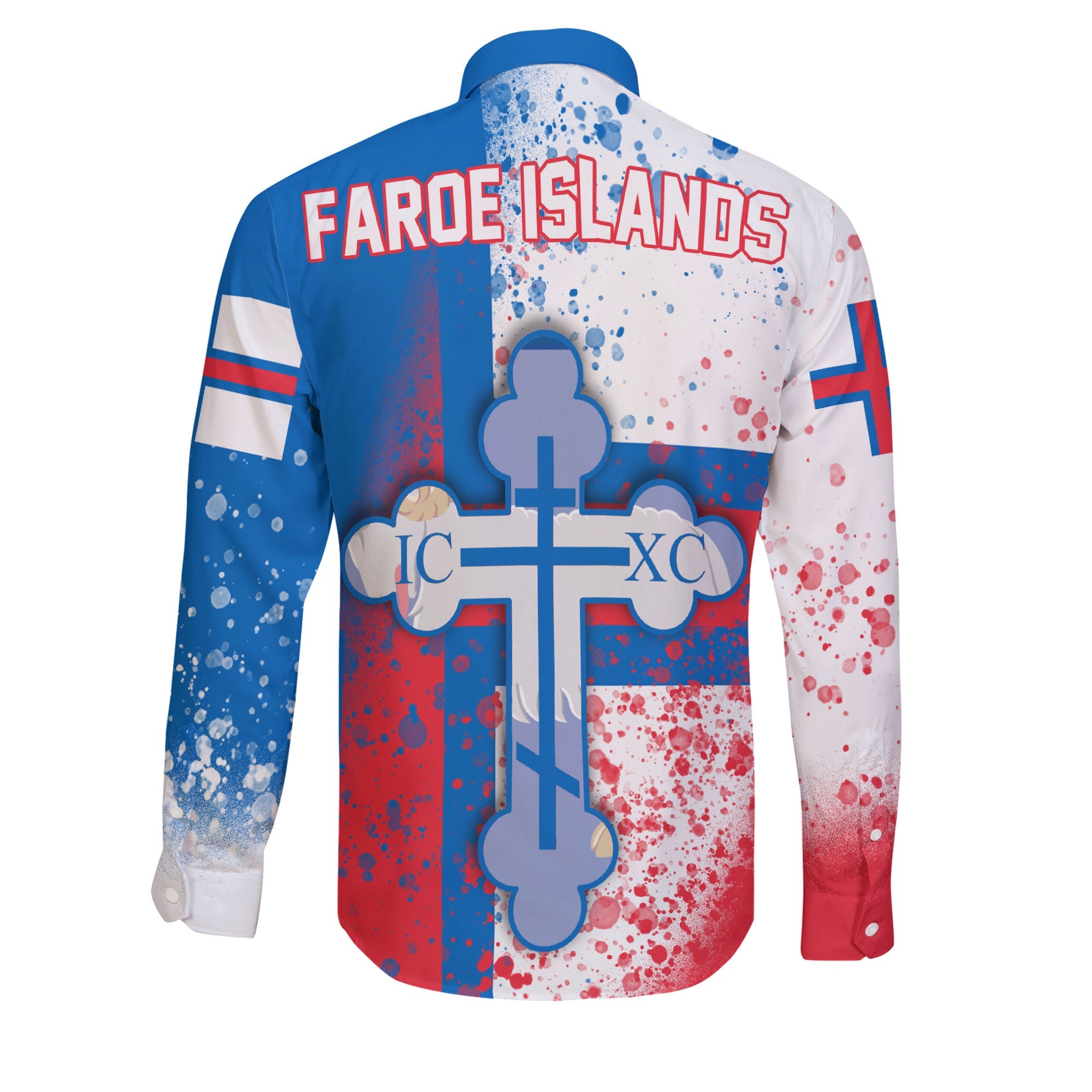 Faroe Islands Long Sleeve Button Shirt Flag & Coat Of Arms Orthodox Style