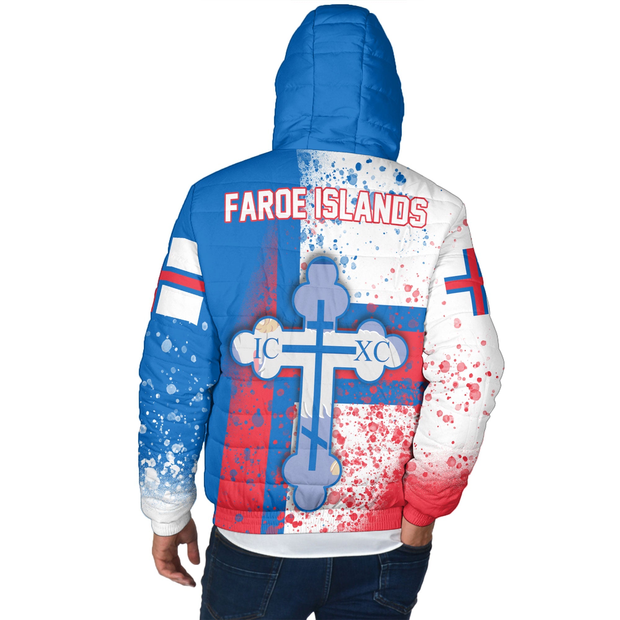 Faroe Islands Men Hooded Padded Jacket Flag & Coat Of Arms Orthodox Style