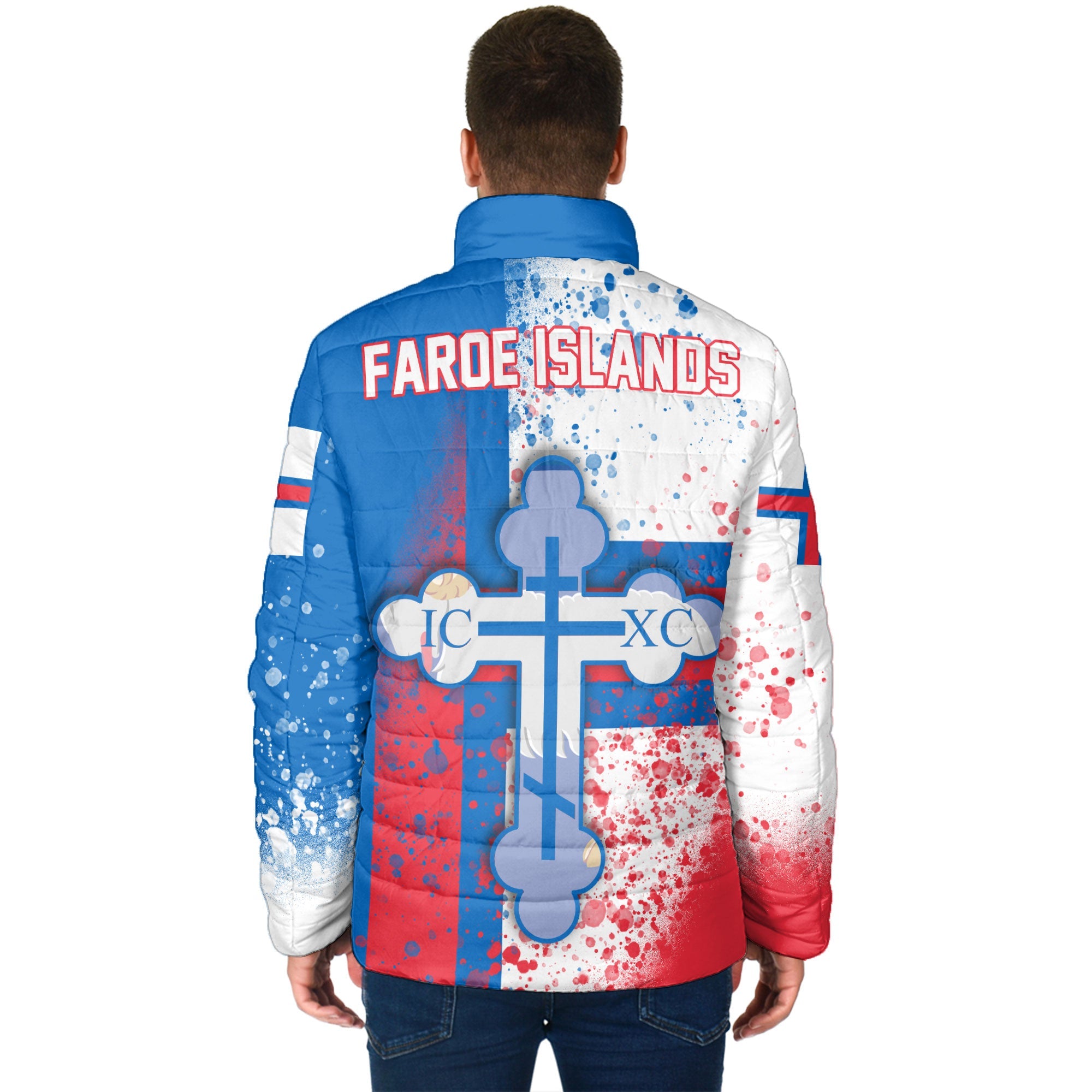 Faroe Islands Men Padded Jacket Flag & Coat Of Arms Orthodox Style