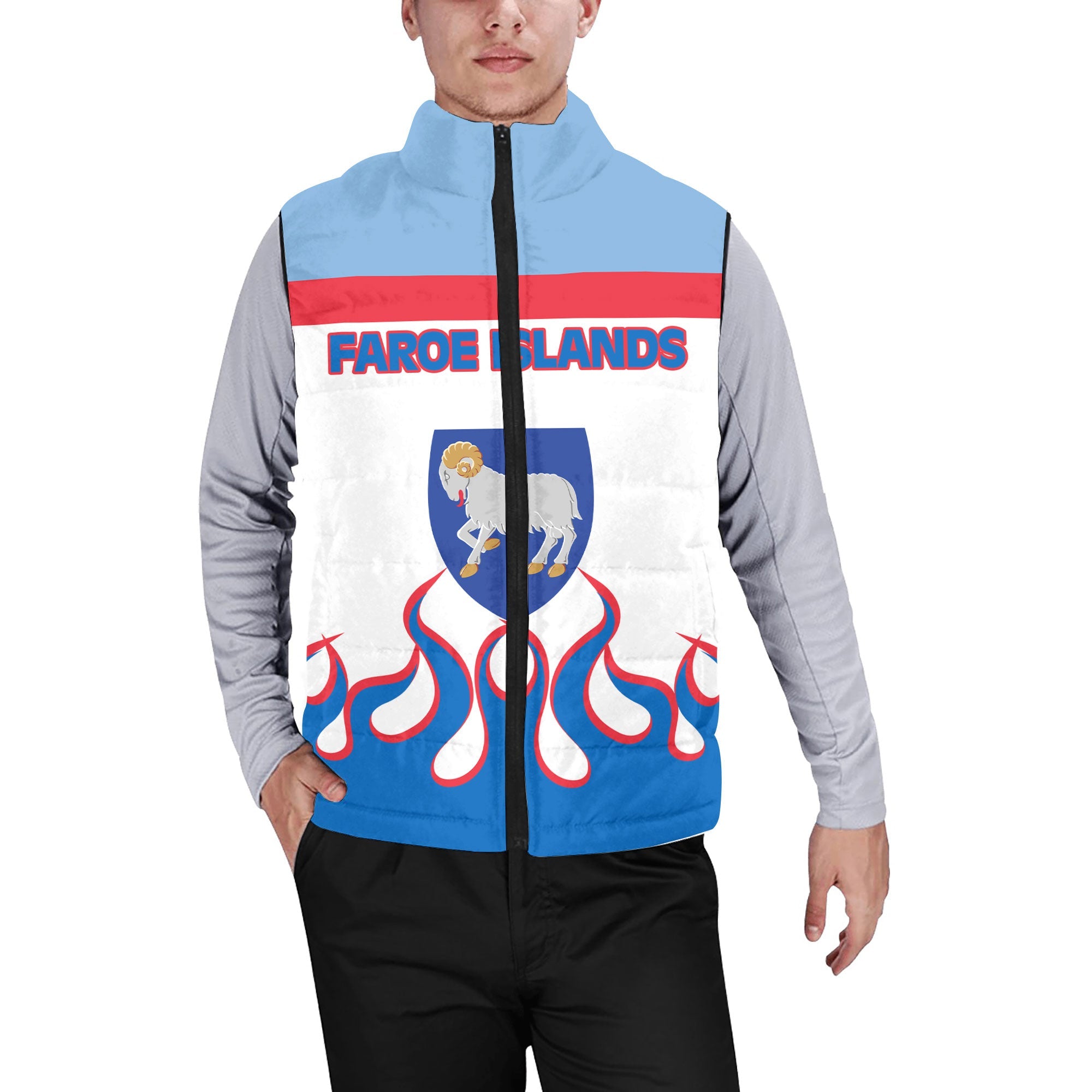 Faroe Islands Men Padded Jacket Vest Flag & Coat Of Arms Fire Hockey Style