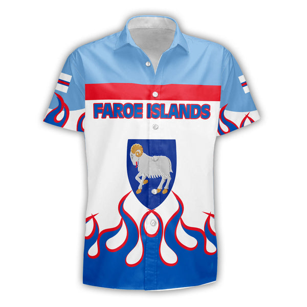 Faroe Islands Short Sleeve Shirt Flag & Coat Of Arms Fire Hockey Style