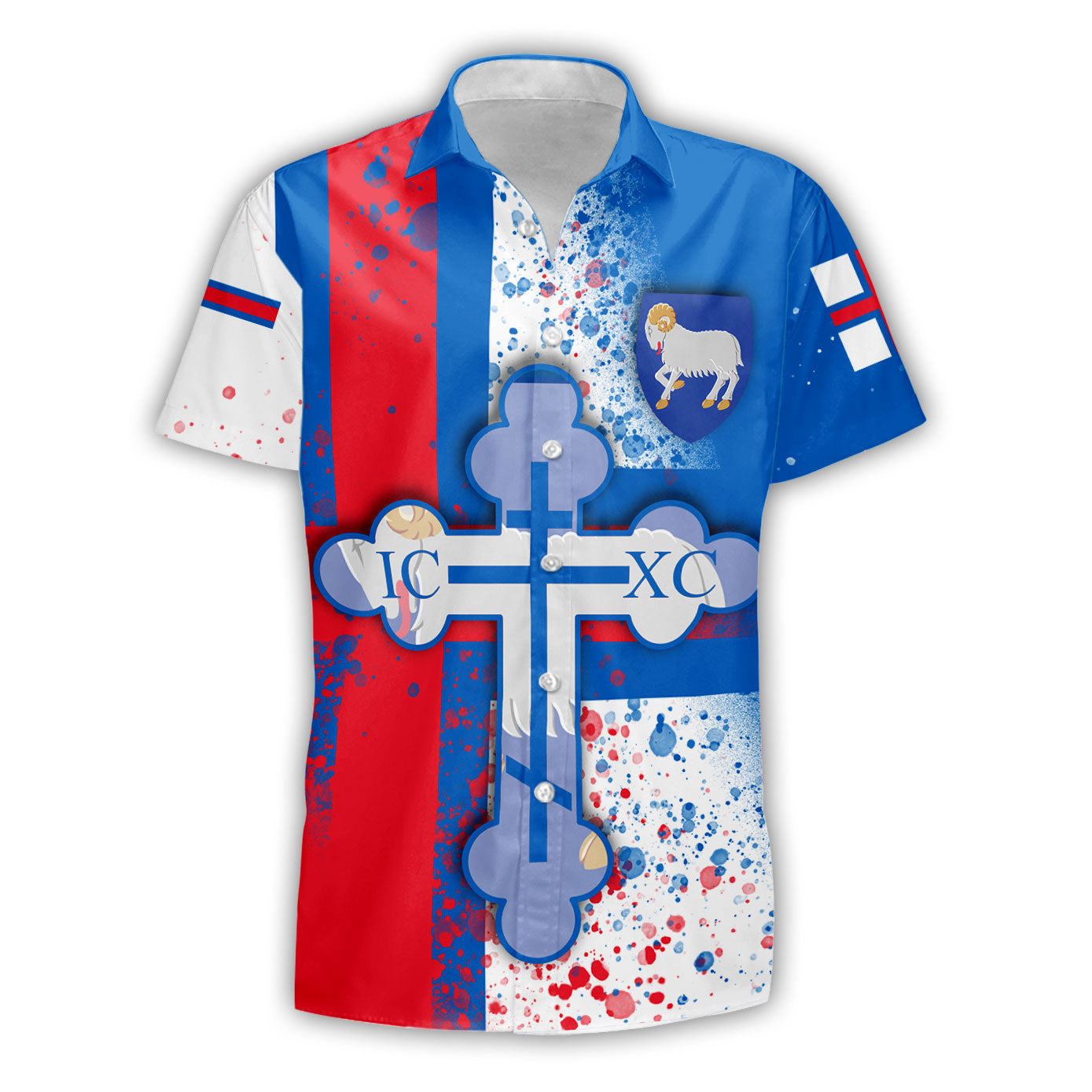 Faroe Islands Short Sleeve Shirt Flag & Coat Of Arms Orthodox Style