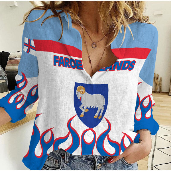 Faroe Islands Women Casual Shirt Flag & Coat Of Arms Fire Hockey Style