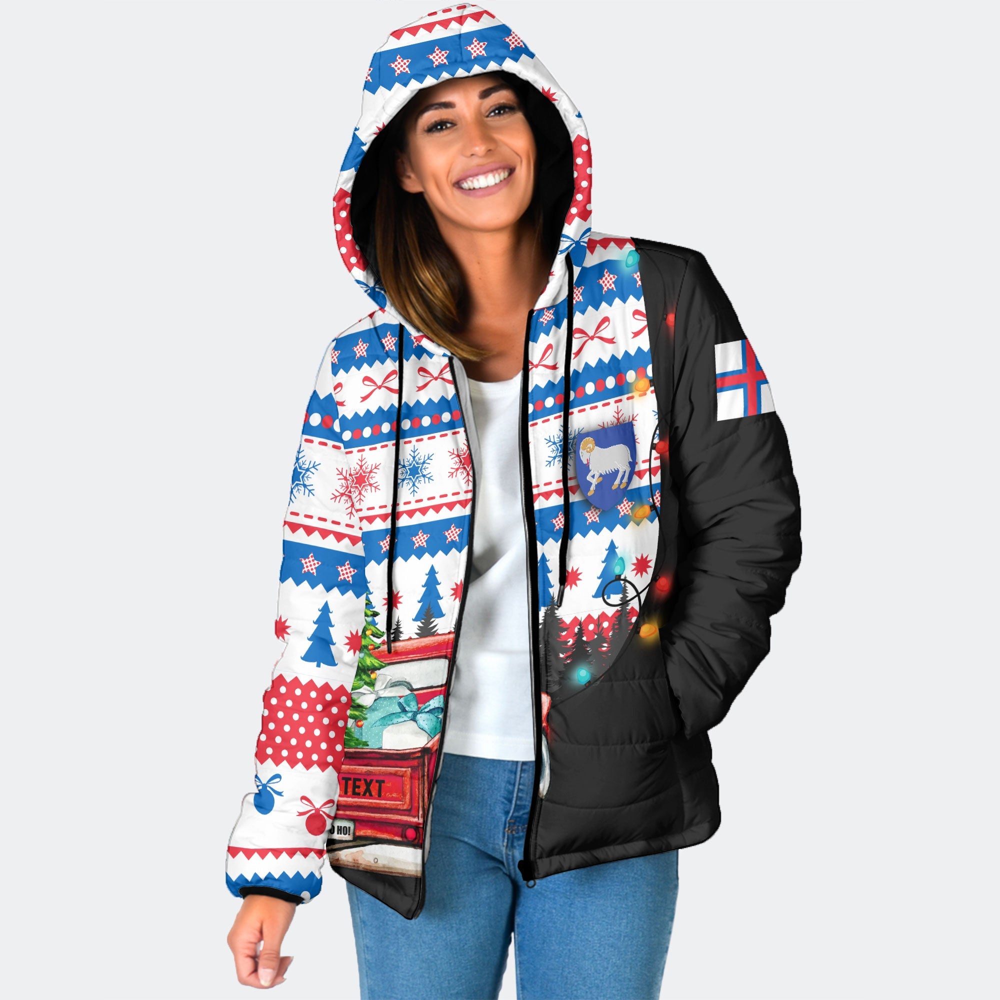 Faroe Islands Women Hooded Padded Jacket Coat Of Arms Christmas Style