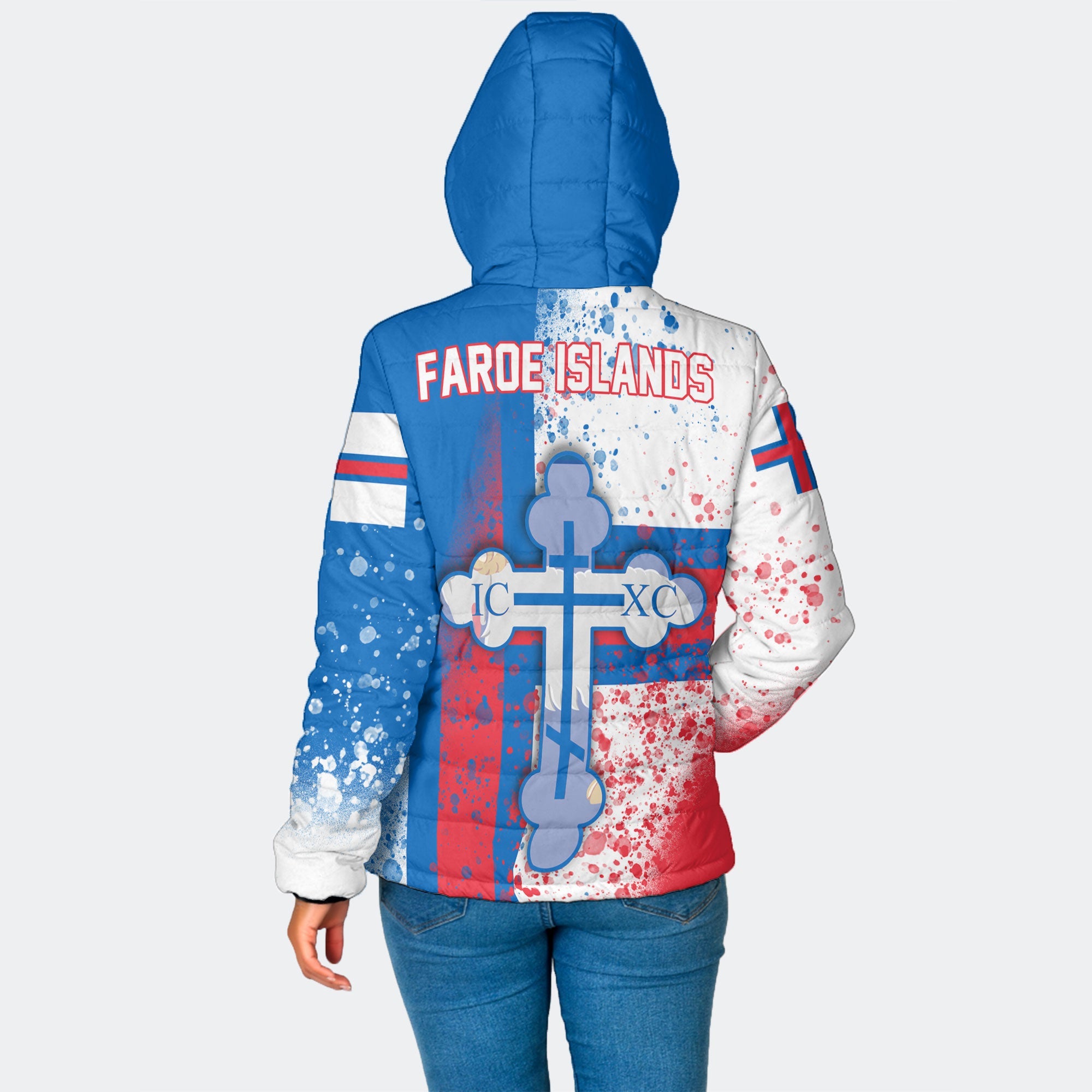 Faroe Islands Women Hooded Padded Jacket Flag & Coat Of Arms Orthodox Style