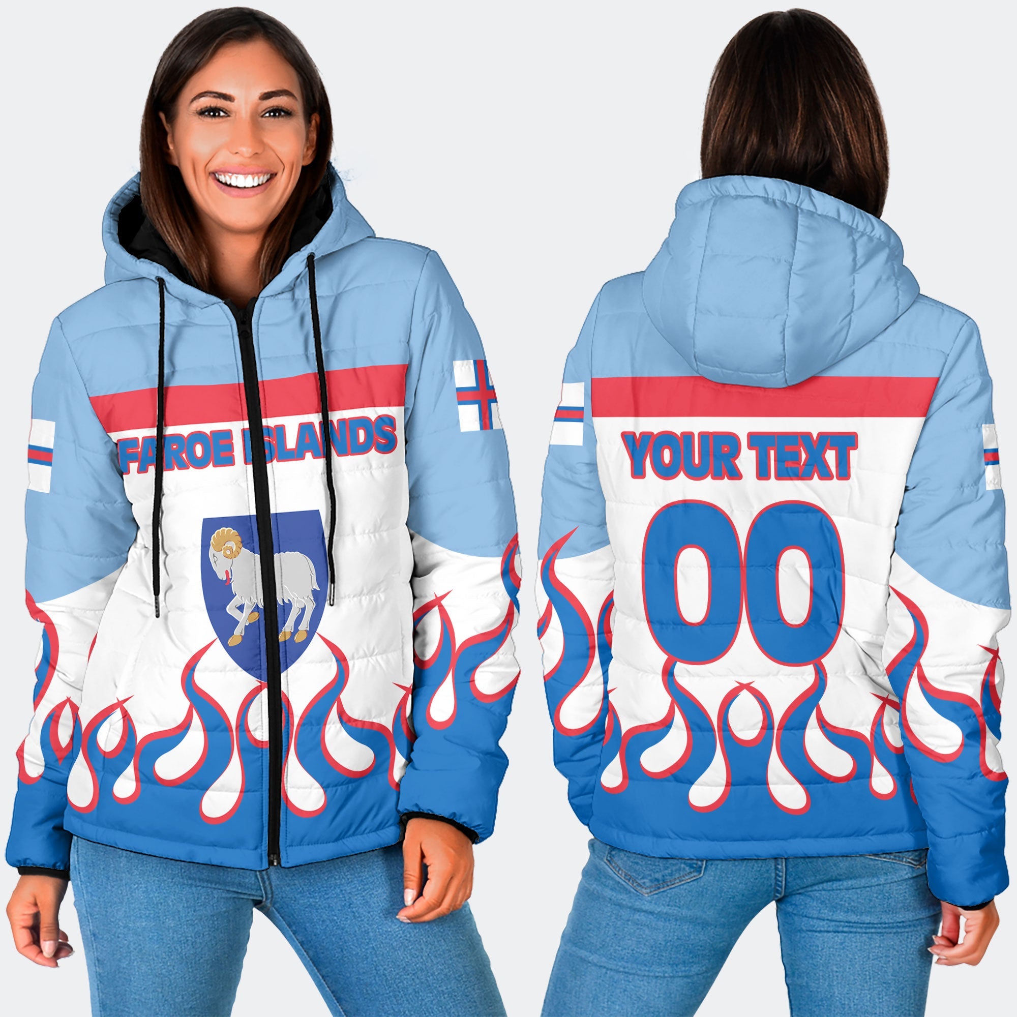 Faroe Islands Women Hooded Padded Jacket Flag & Coat Of Arms Fire Hockey Style