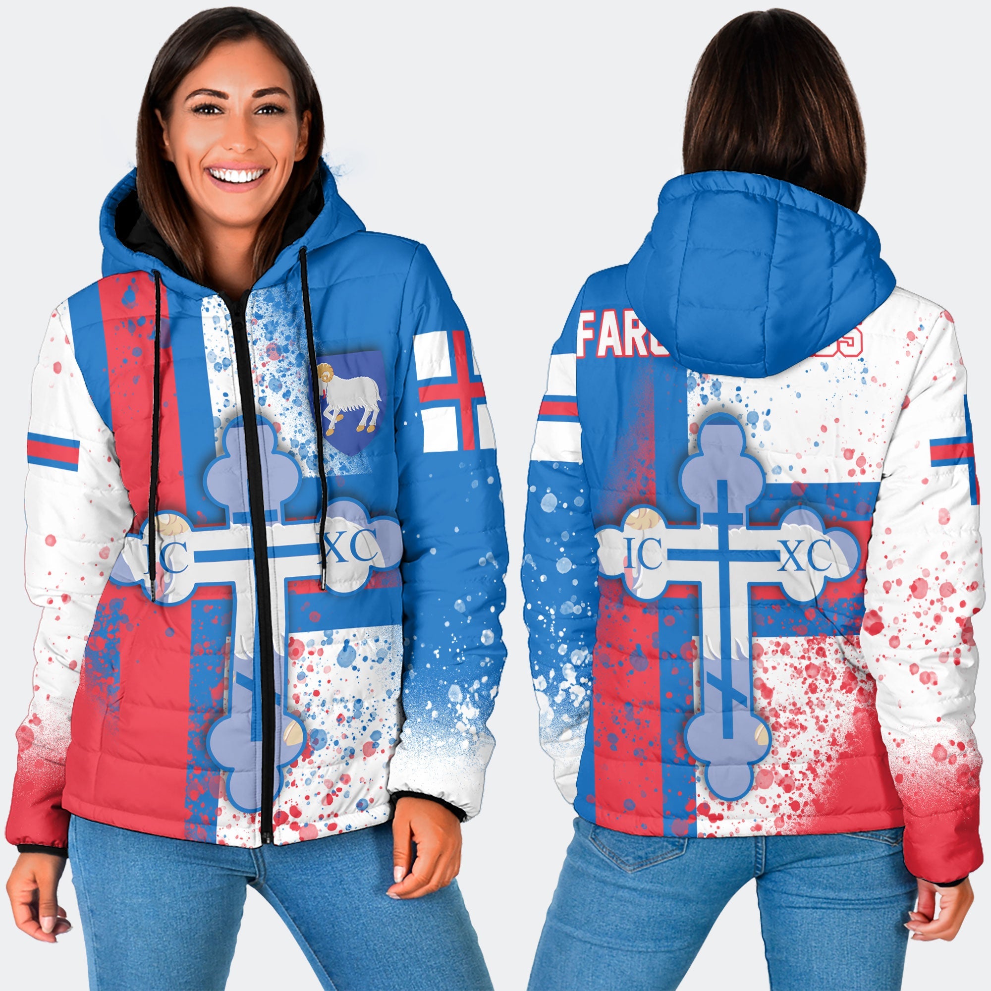 Faroe Islands Women Hooded Padded Jacket Flag & Coat Of Arms Orthodox Style