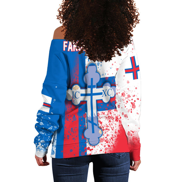 Faroe Islands Women Off Shoulder Sweatshirt Flag & Coat Of Arms Orthodox Style