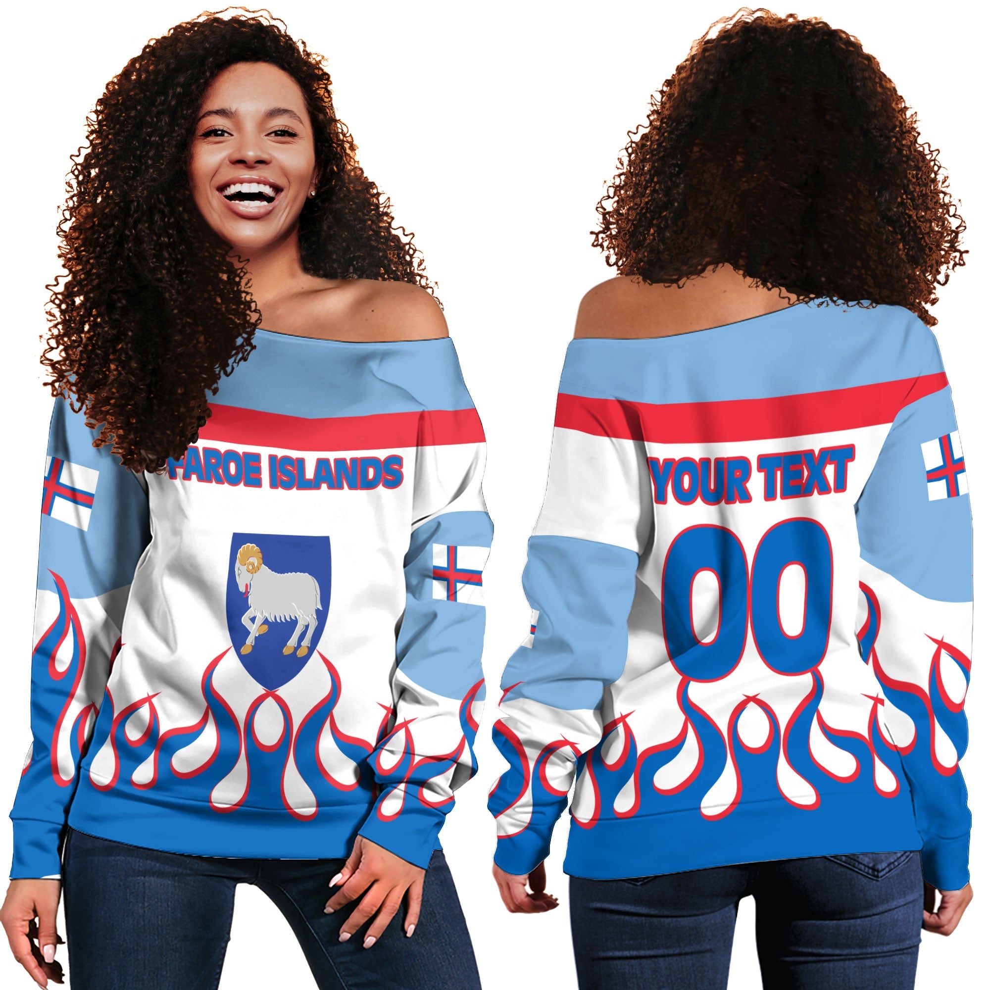 Faroe Islands Women Off Shoulder Sweatshirt Flag & Coat Of Arms Fire Hockey Style