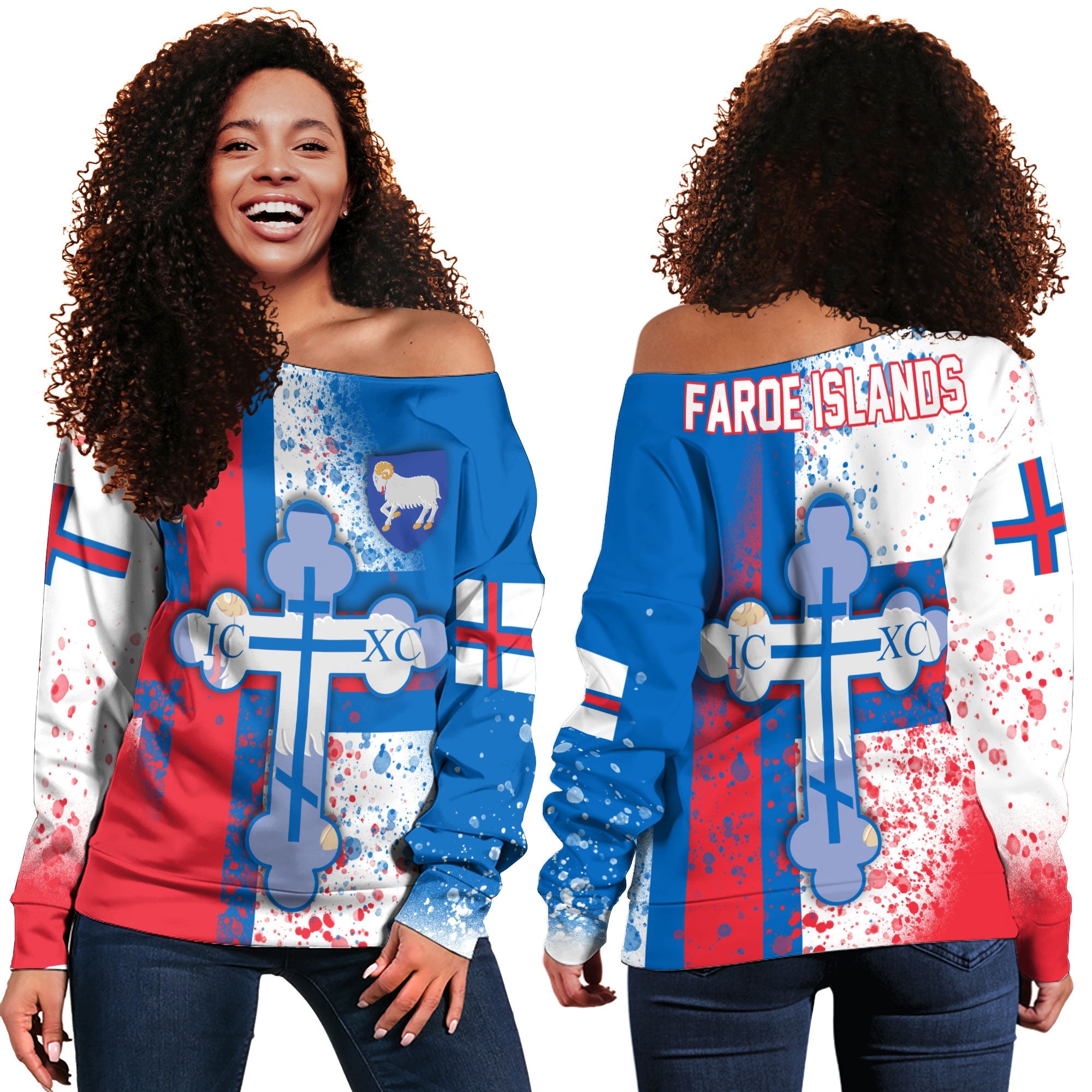 Faroe Islands Women Off Shoulder Sweatshirt Flag & Coat Of Arms Orthodox Style