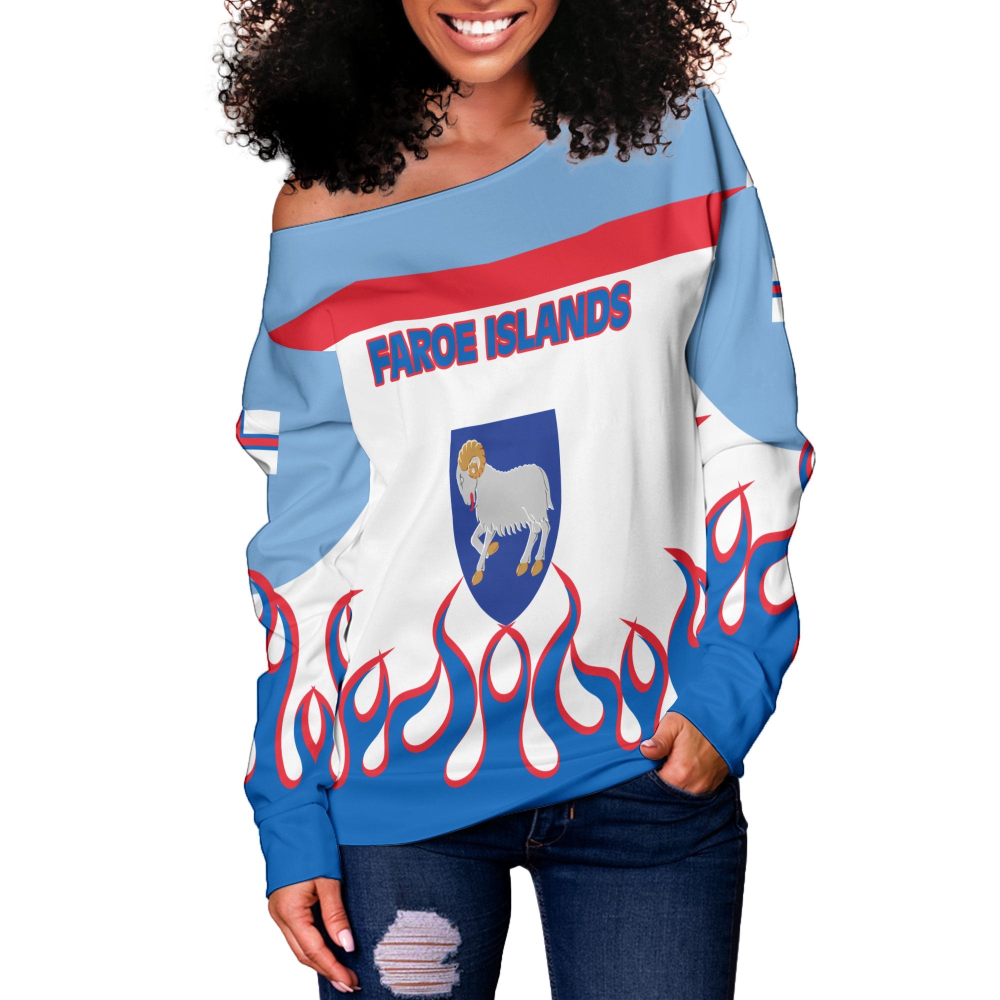 Faroe Islands Women Off Shoulder Sweatshirt Flag & Coat Of Arms Fire Hockey Style