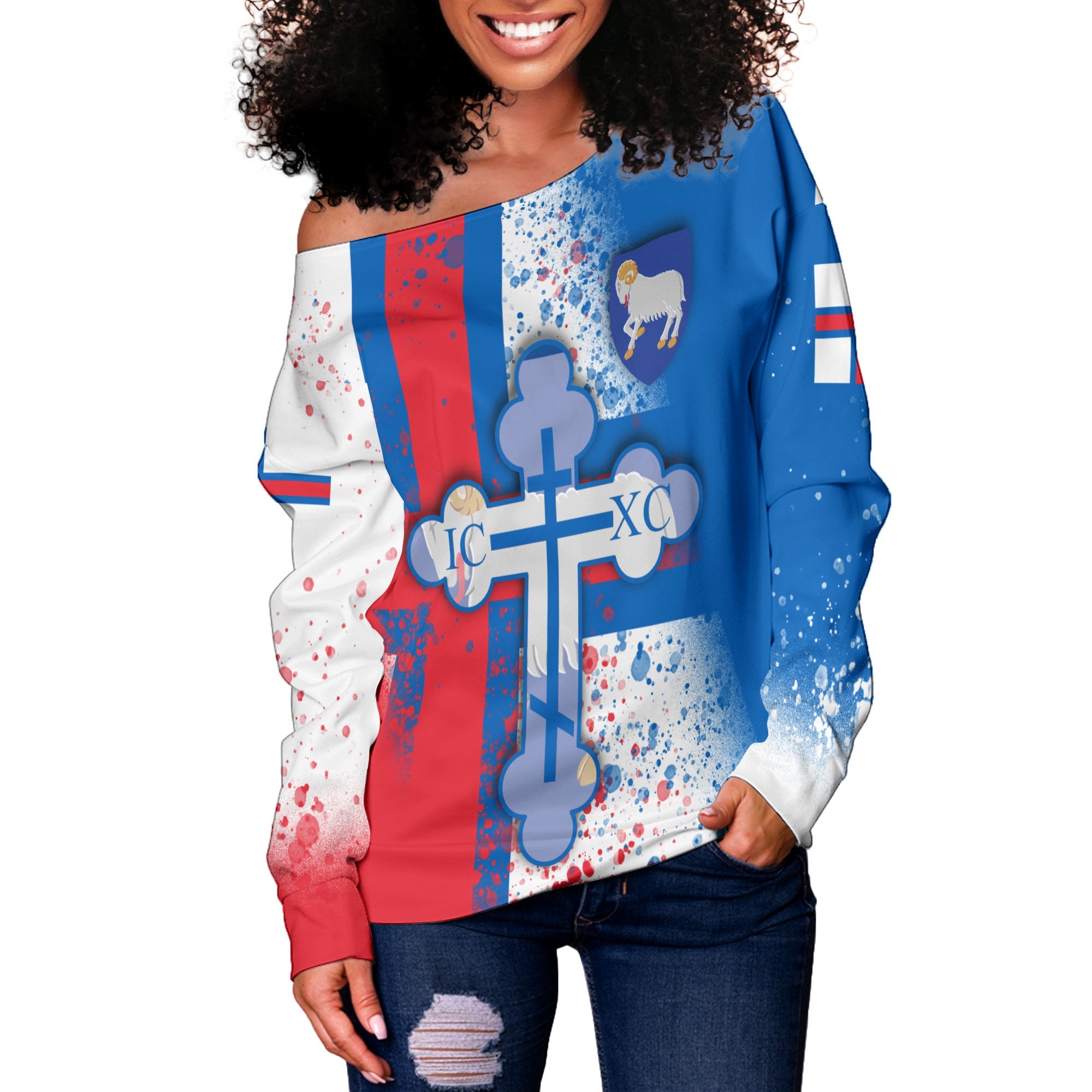 Faroe Islands Women Off Shoulder Sweatshirt Flag & Coat Of Arms Orthodox Style