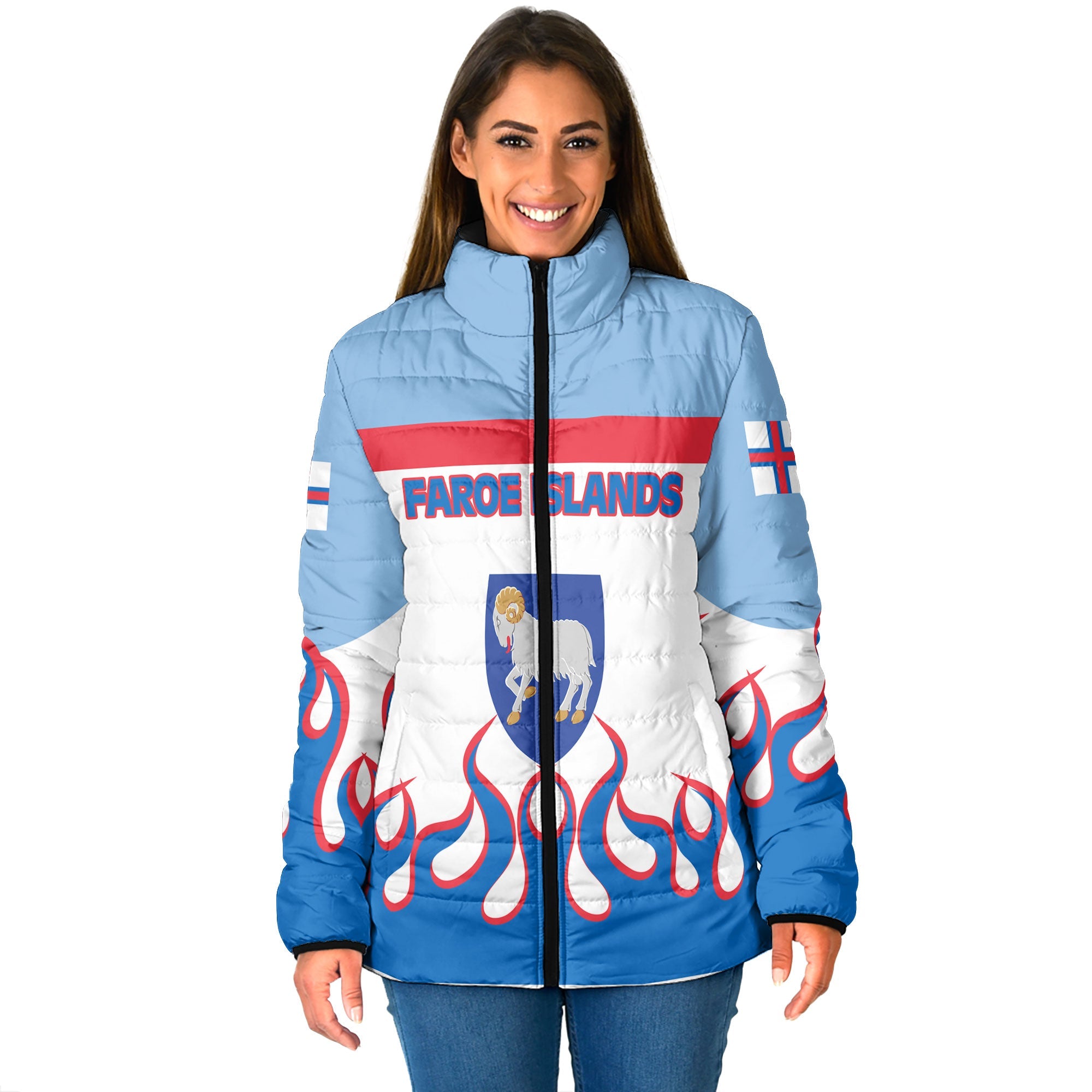 Faroe Islands Women Padded Jacket Flag & Coat Of Arms Fire Hockey Style