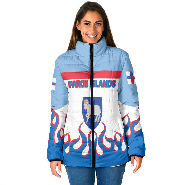 Faroe Islands Women Padded Jacket Flag & Coat Of Arms Fire Hockey Style