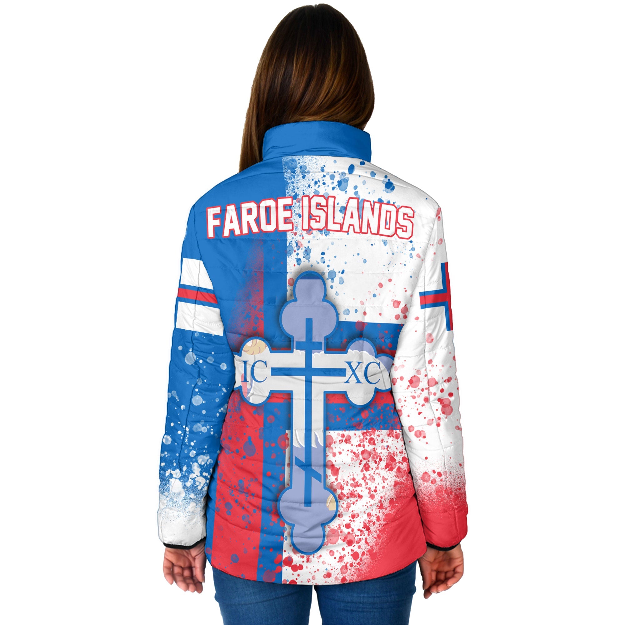 Faroe Islands Women Padded Jacket Flag & Coat Of Arms Orthodox Style