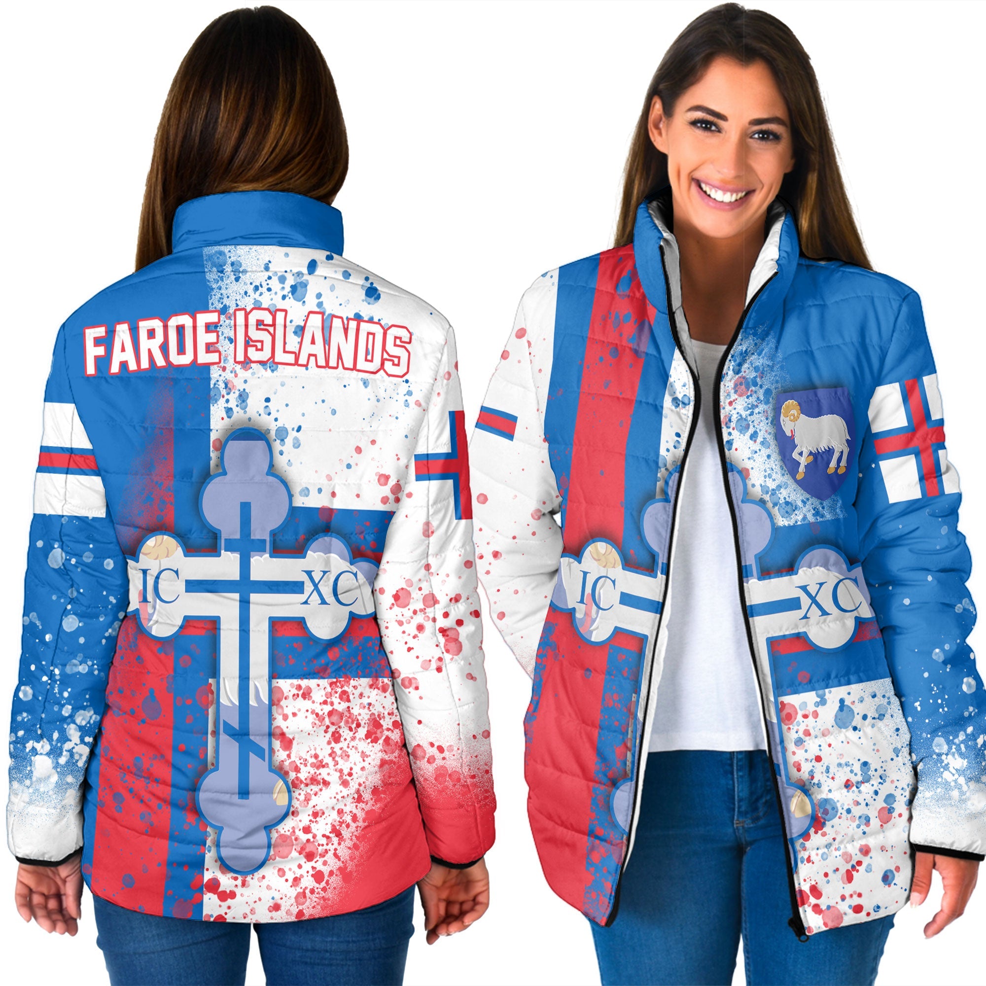 Faroe Islands Women Padded Jacket Flag & Coat Of Arms Orthodox Style