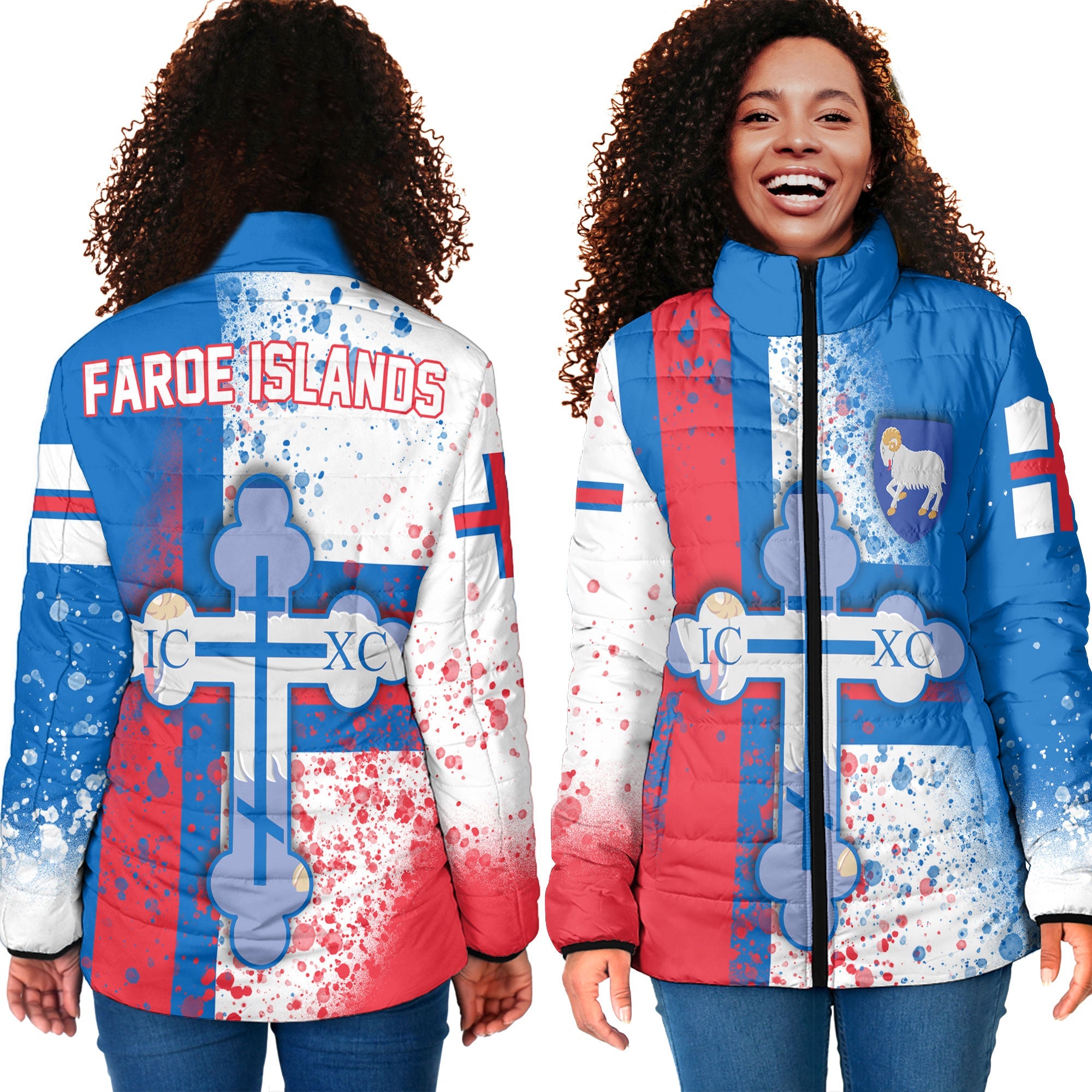 Faroe Islands Women Padded Jacket Flag & Coat Of Arms Orthodox Style