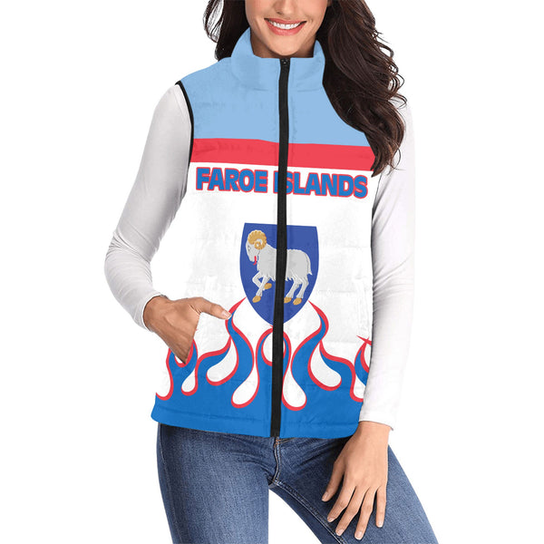 Faroe Islands Women Padded Jacket Vest Flag & Coat Of Arms Fire Hockey Style