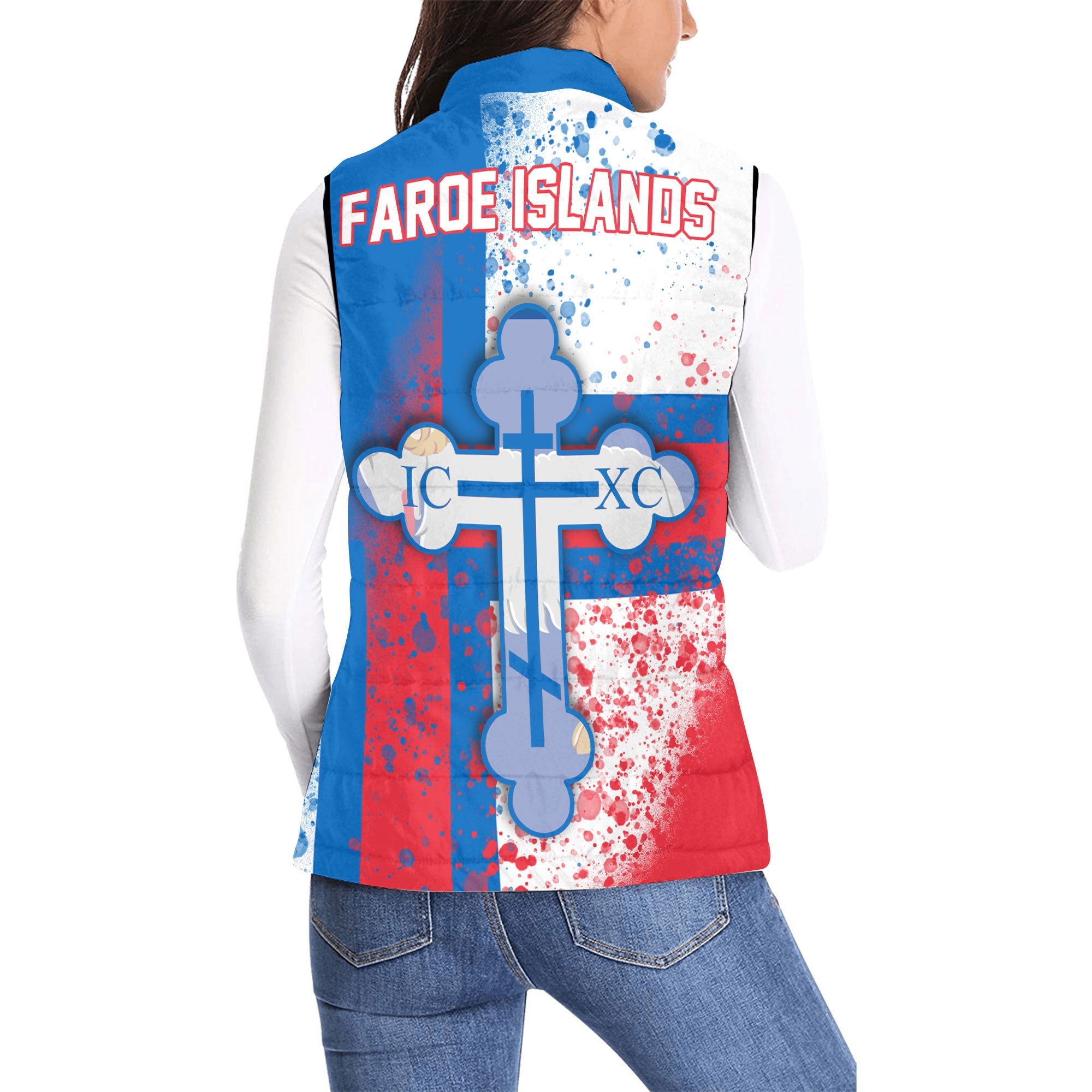 Faroe Islands Women Padded Jacket Vest Flag & Coat Of Arms Orthodox Style