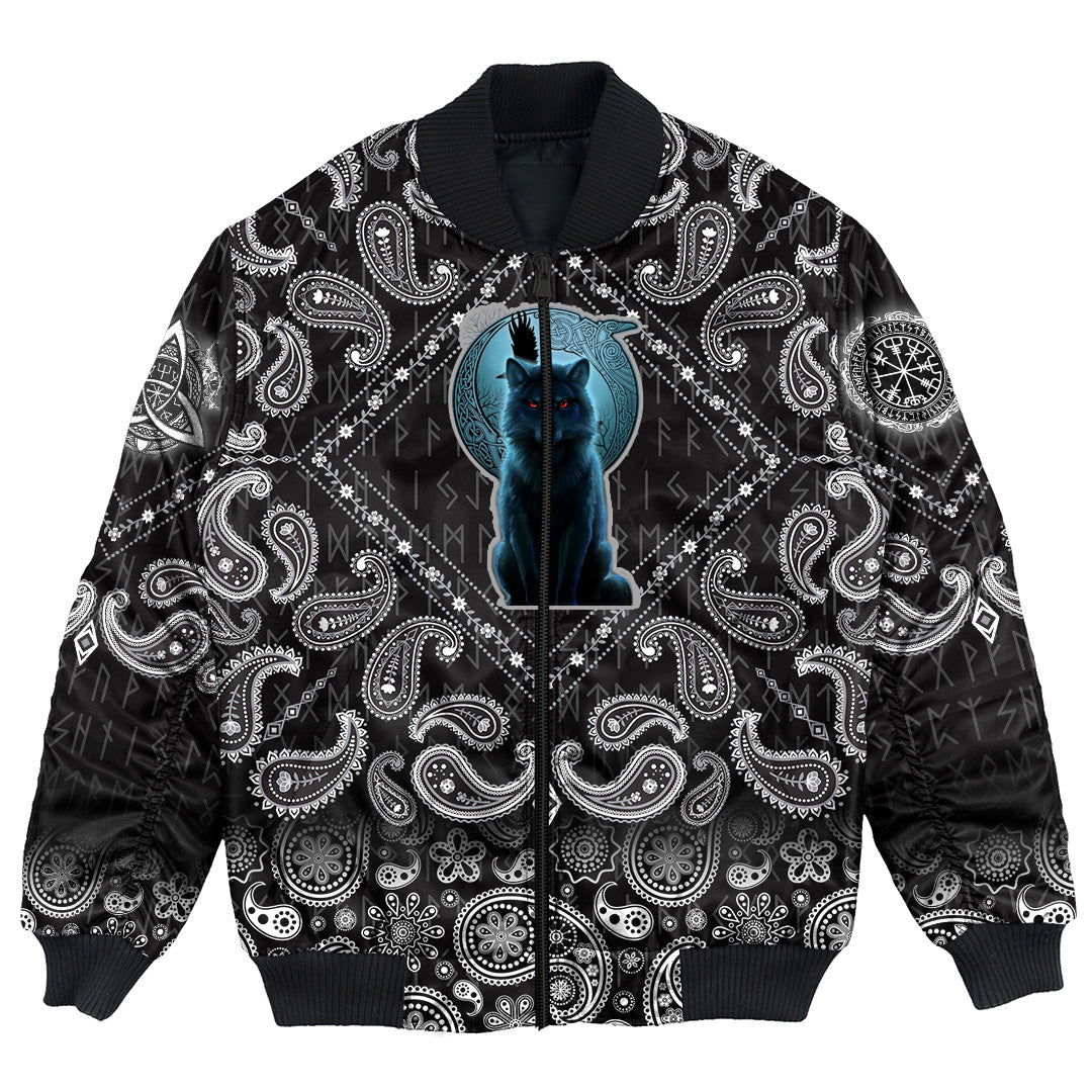 Viking Bomber Jacket Fenrir Wolf And Moon with Bandana Paisley Style