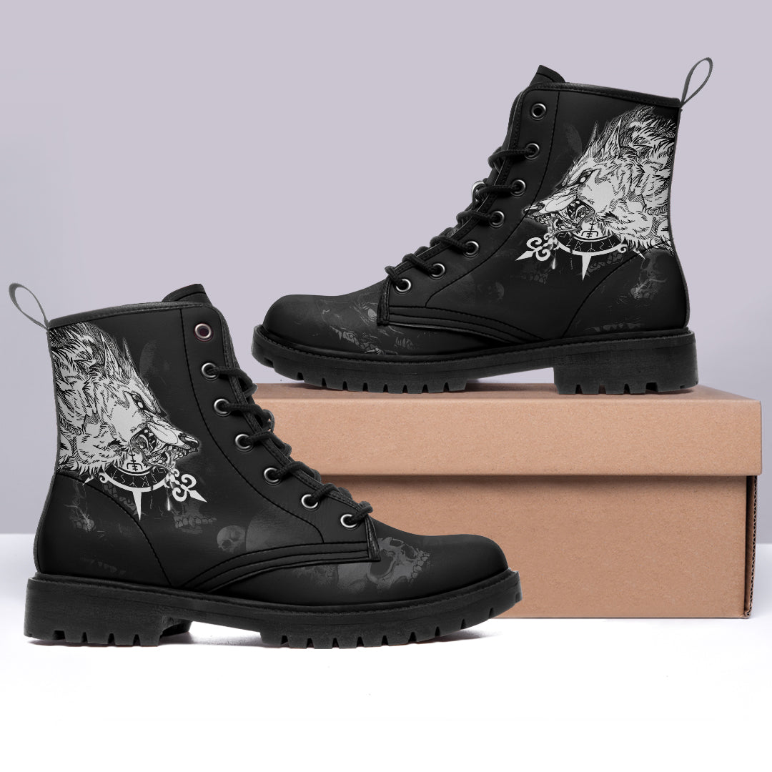 Viking Leather Boots Fenrir Wolf Skull and Sun Vegvisir back