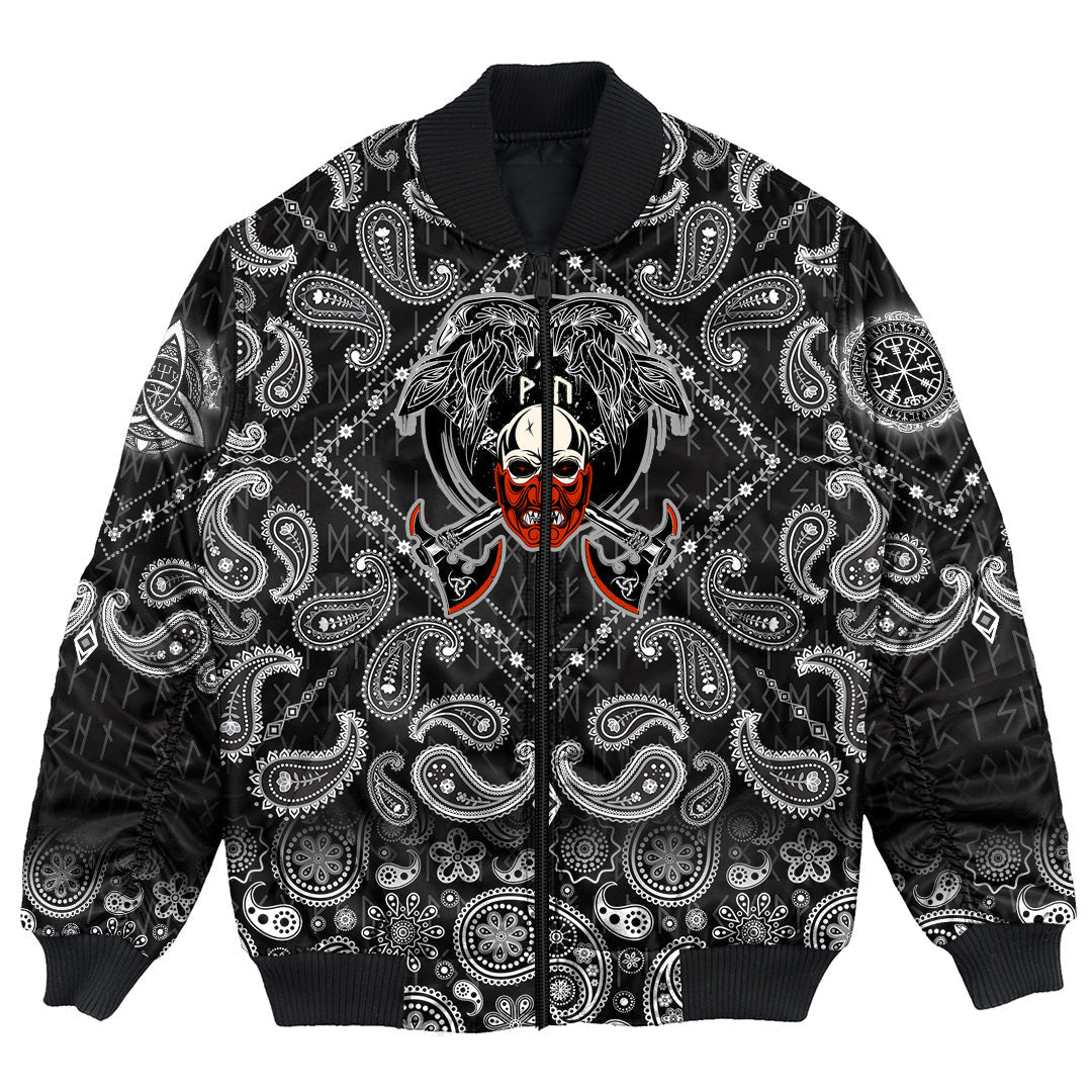 Viking Bomber Jacket Fighting Axes Raven Skull Fantasy Warrior Inscription Hero with Bandana Paisley Style