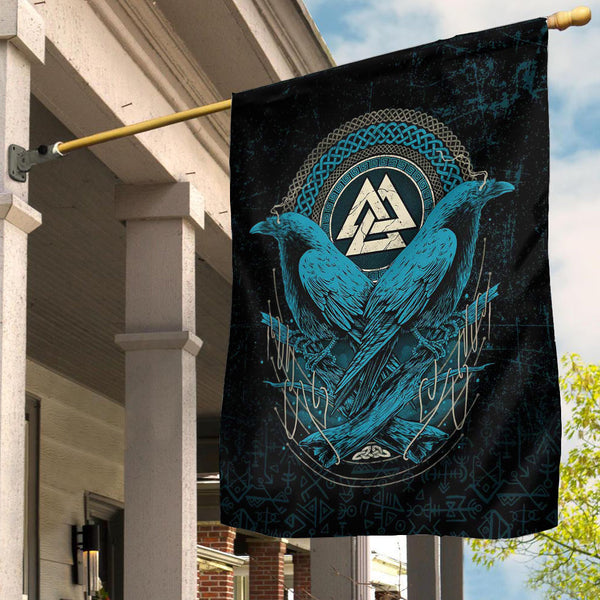 Viking Garden Flag Huginn and Muninn Valknut Cyan Style