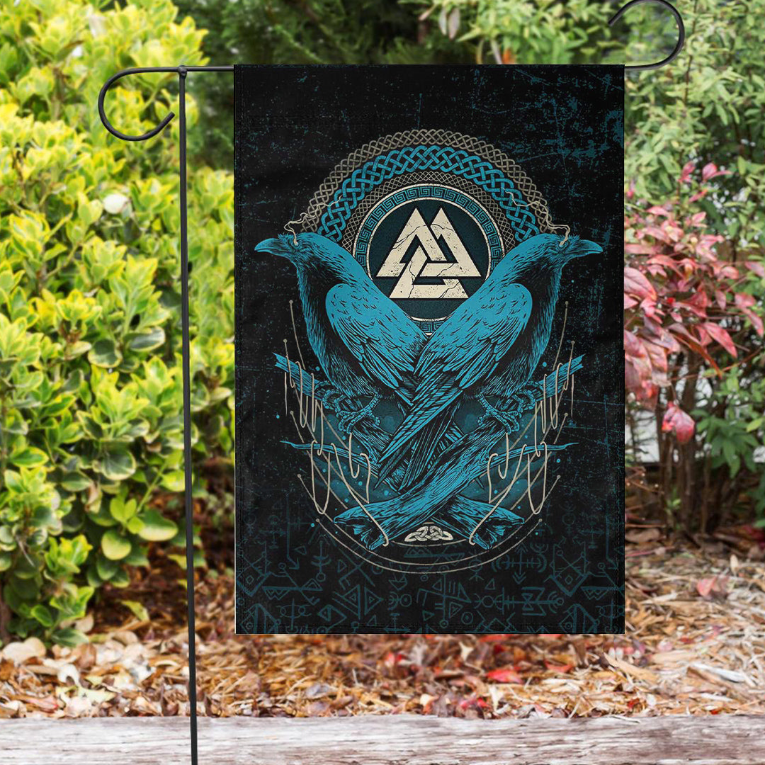 Viking Garden Flag Huginn and Muninn Valknut Cyan Style