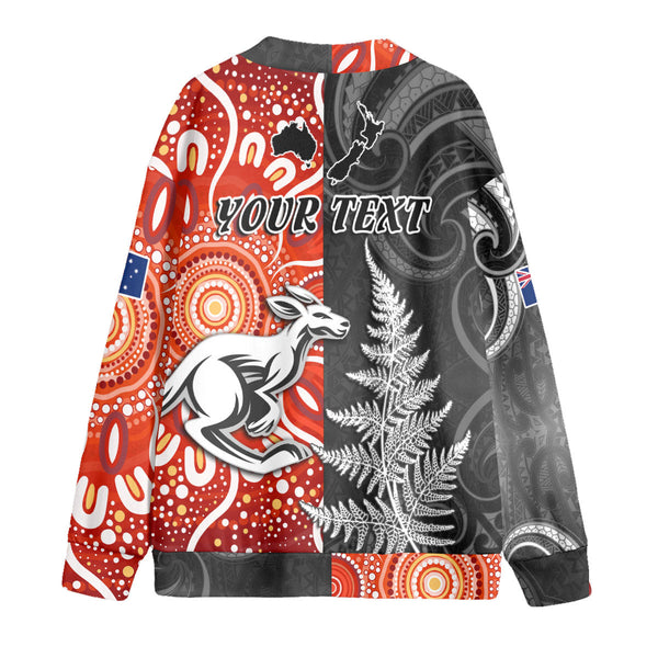 Custom New Zealand Rugby Knitted Fleece Cardigan Aotearoa Silver Fern & Aussie Kangaroo Maori & Aboriginal - LH1