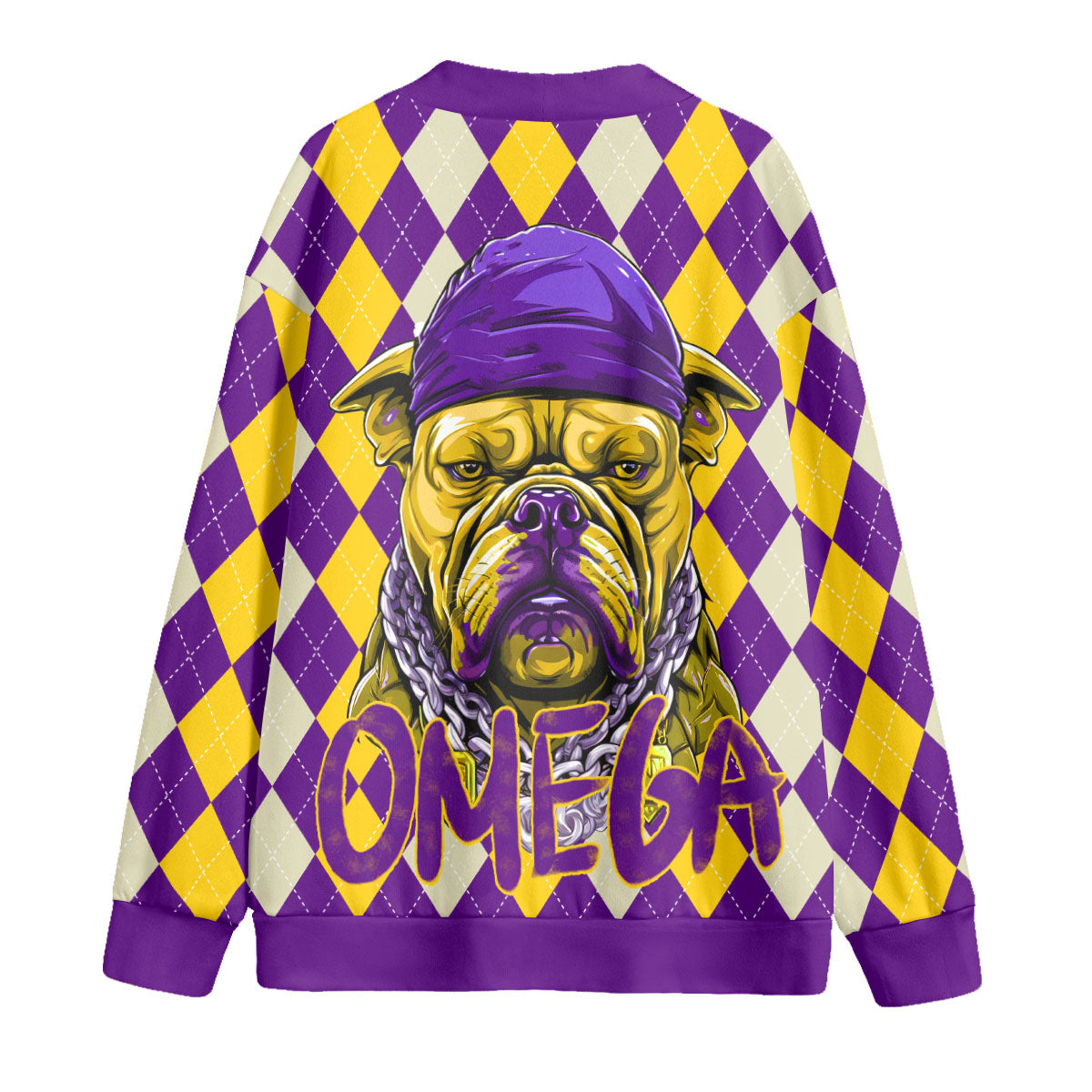 Fraternity Shirt - OPP Christmas Knitted Fleece Cardigan Bulldog Purple Gold Caro Pattern Style